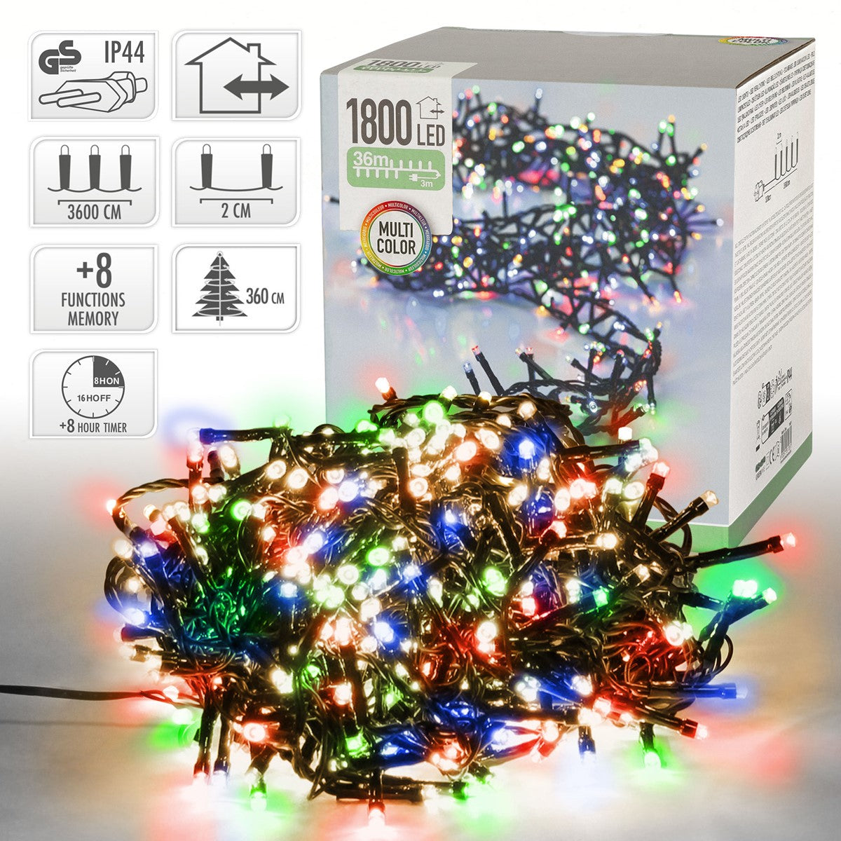 Bunte Lichterkette mit 1800 LEDs in verschiedenen Farben.