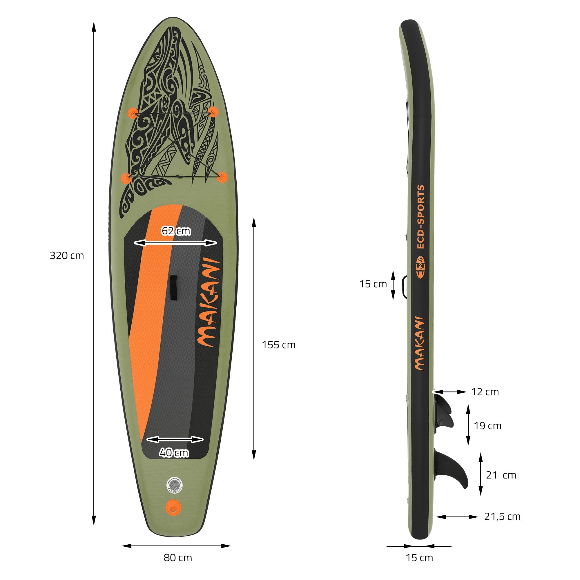 Seitenansicht eines grünen Stand Up Paddle Boards mit Maßangaben.