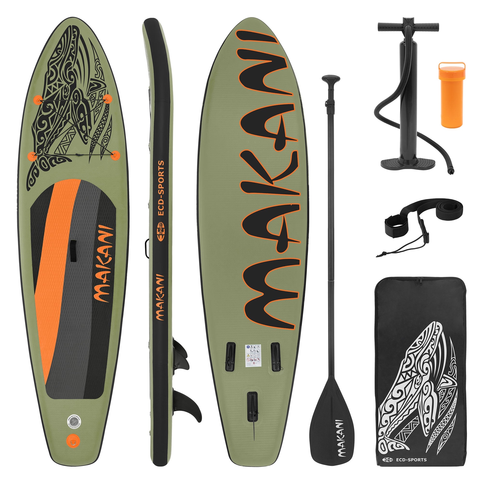 Olivenfarbenes Paddle-Board mit Zubehör wie Pumpe und Leash.