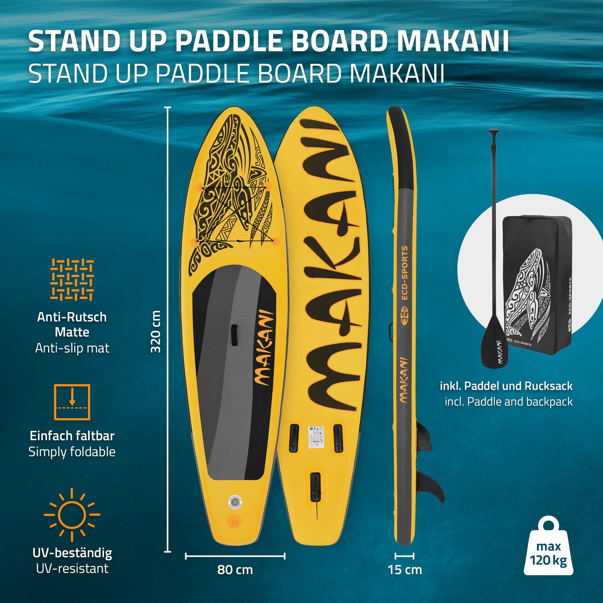 Gelbes Stand-Up-Paddle-Board mit technischen Details und einem Rucksack.