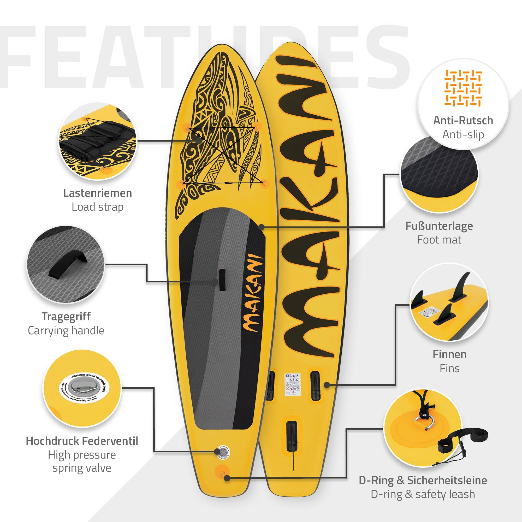 Ilustración de una tabla de paddle board amarilla con varias características.
