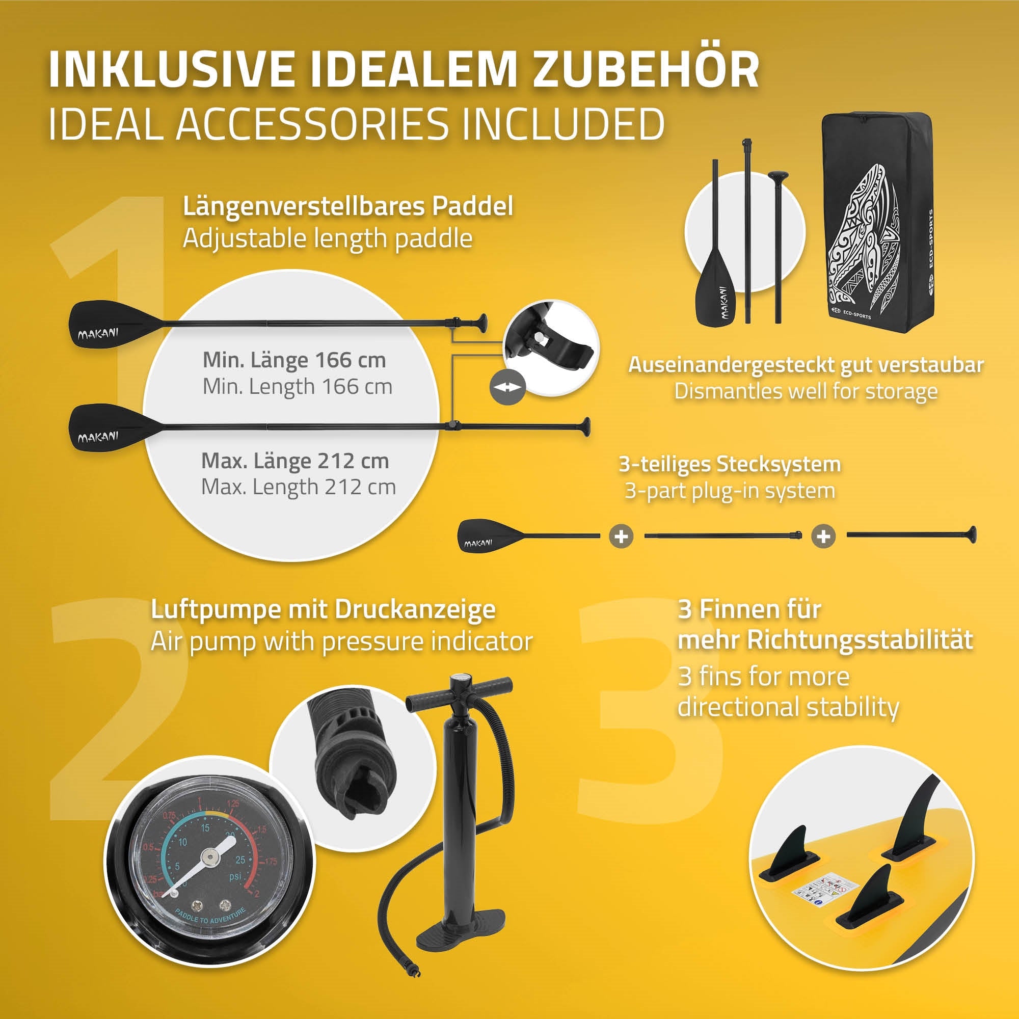 Gráfico con accesorios para la tabla de paddle board, incluyendo remo y indicador de presión.