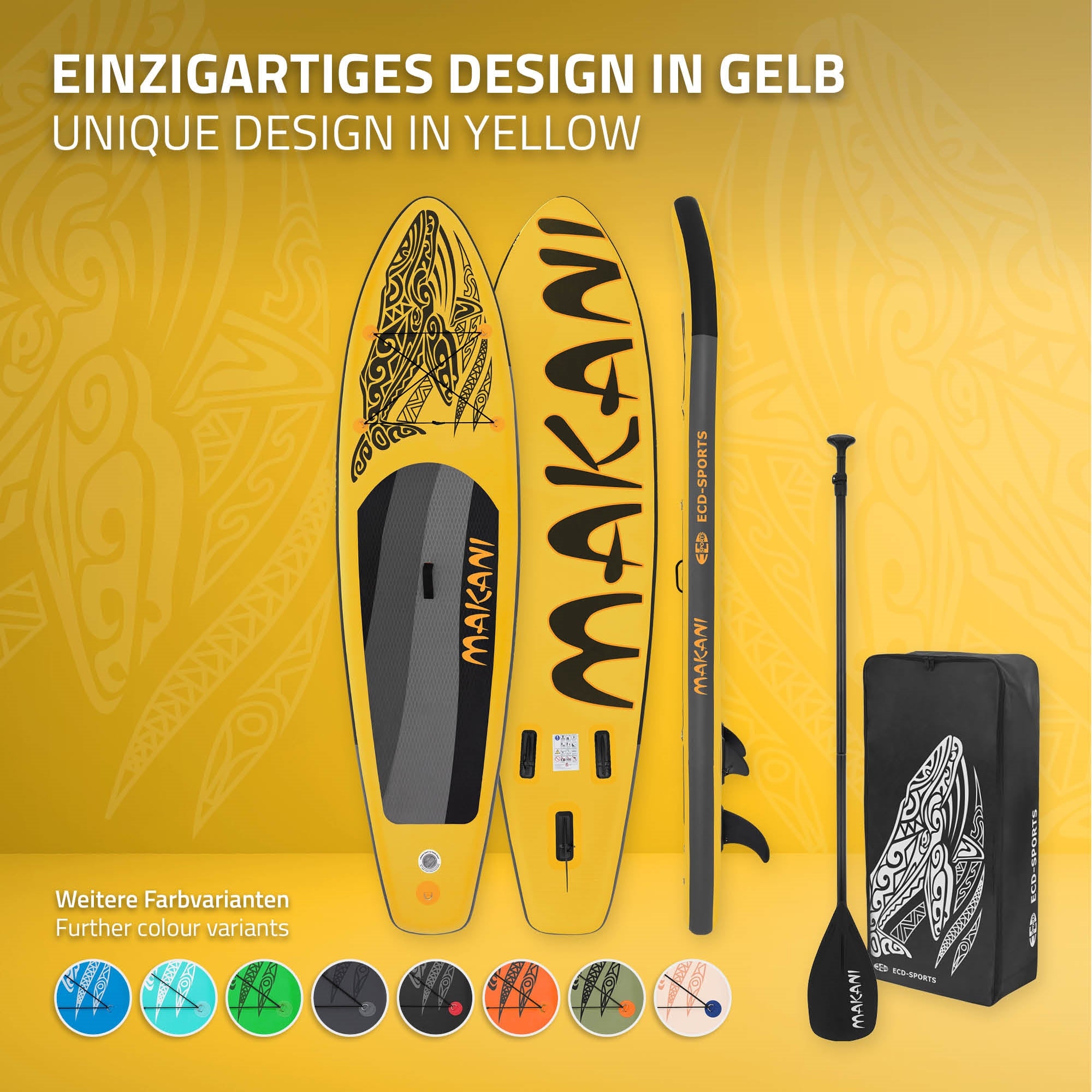 Tabla de paddle board amarilla con diseño gráfico y accesorios sobre fondo claro.