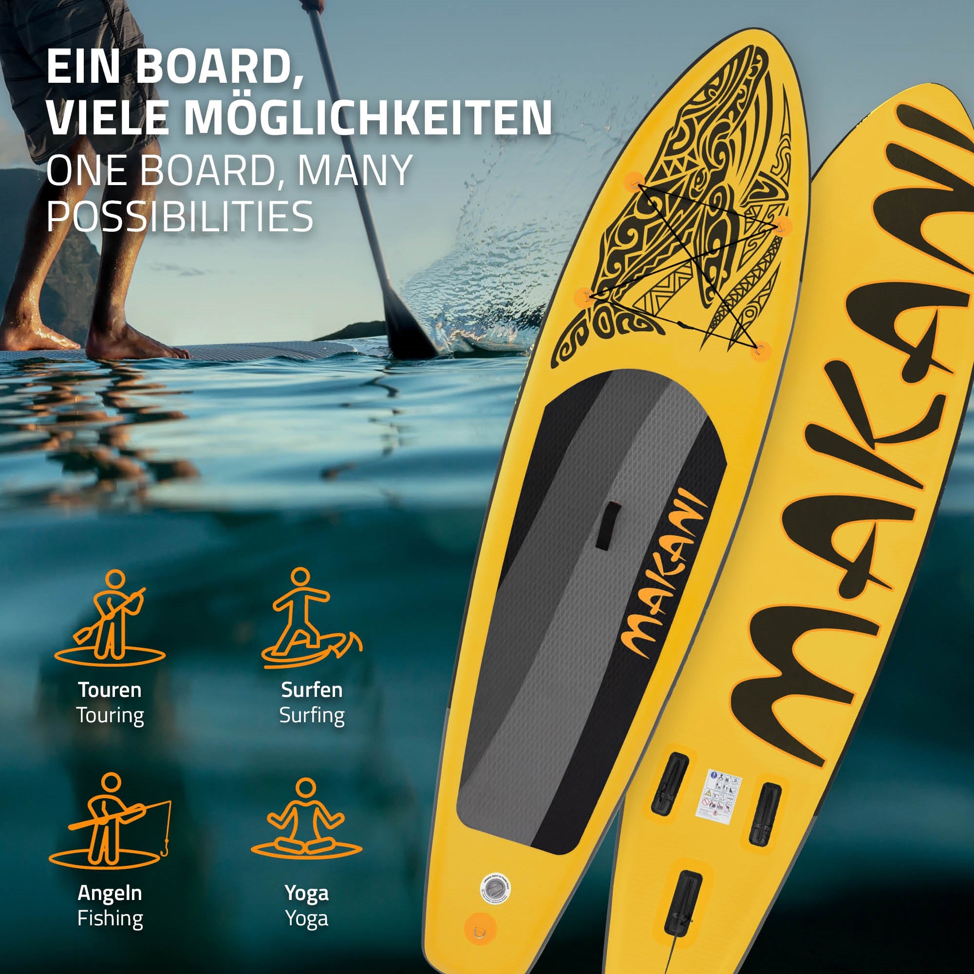 Tabla de paddle board en el agua, con símbolos para diferentes posibilidades de uso.