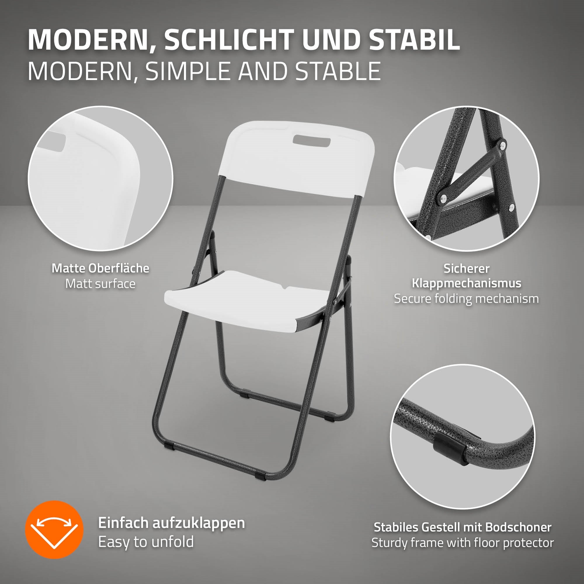 Nahaufnahme eines weißen Klappstuhls mit mattem Finish und sicherem Klappmechanismus.