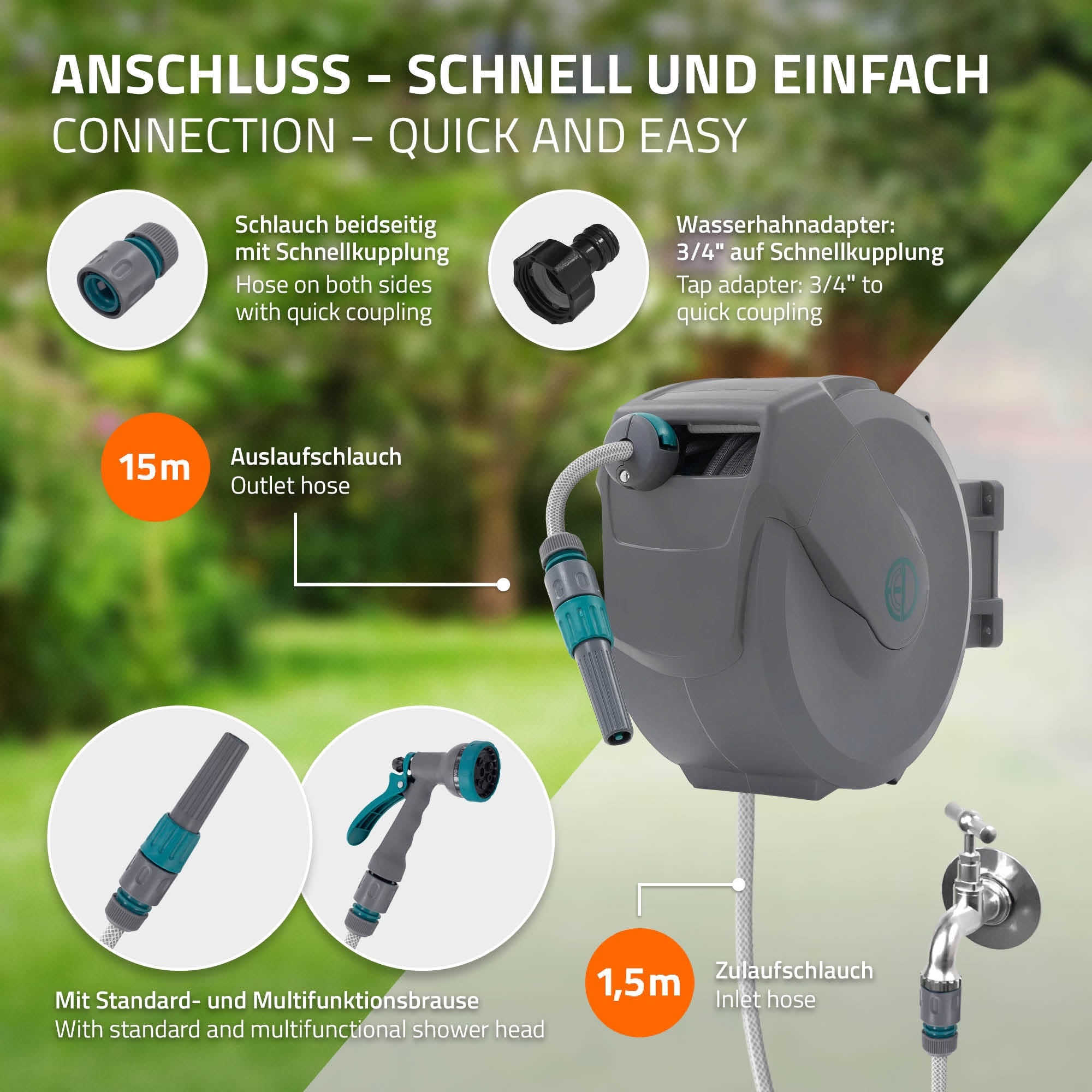 Avvolgitubo per acqua con accessori e attacco per acqua in un'immagine.