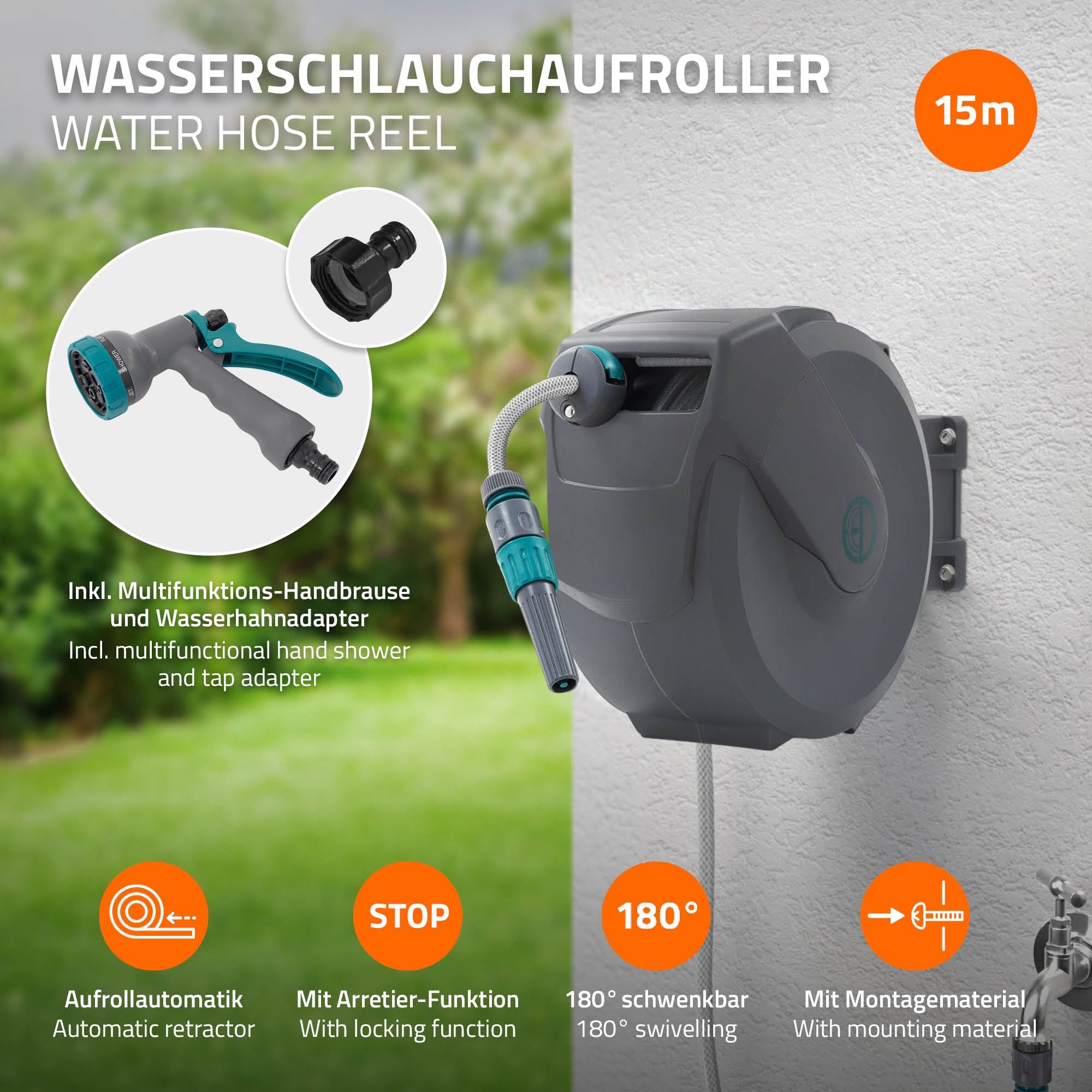 Grafik eines Wasserschlauchaufrollers mit Funktionen und Montageanleitung.