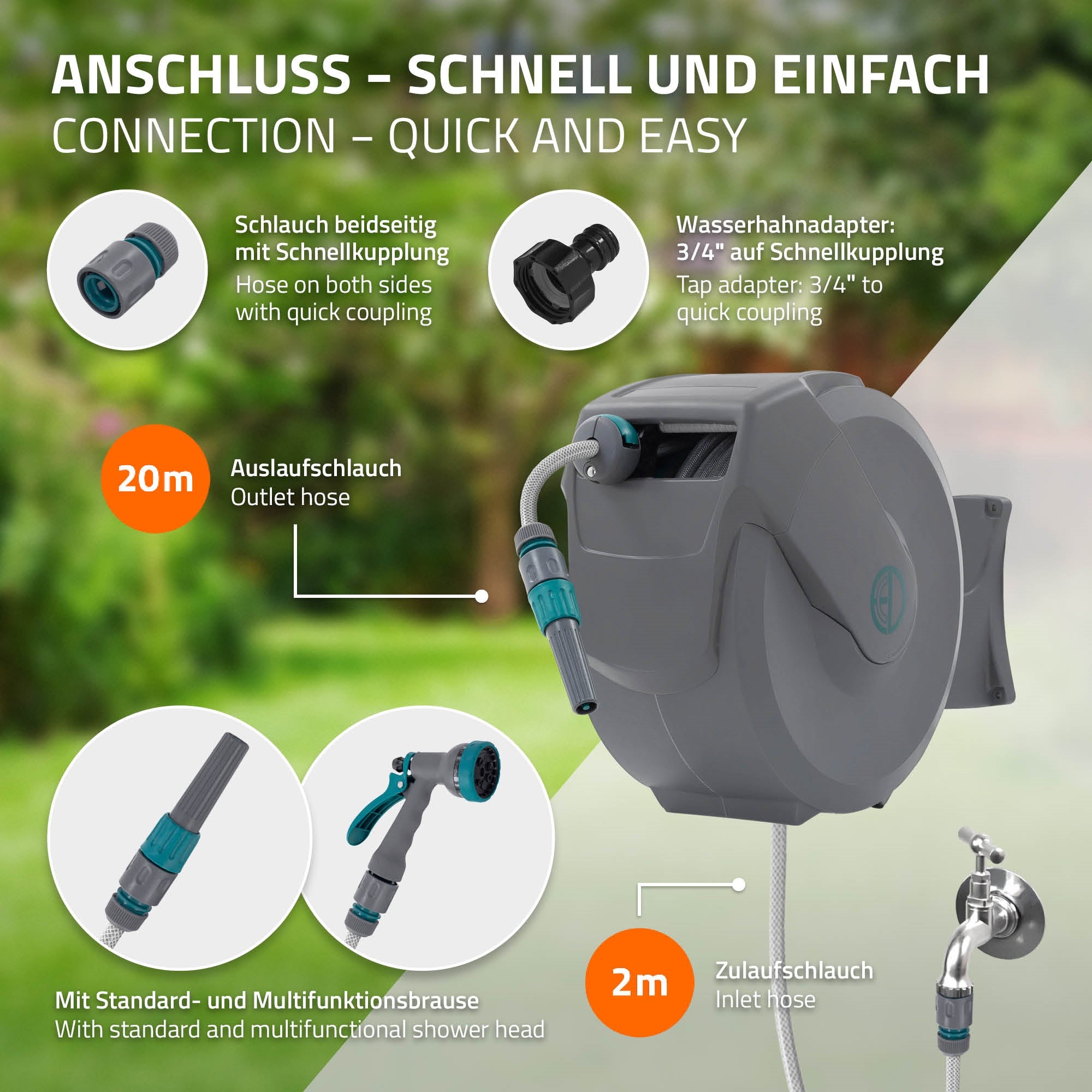 Schlauchaufroller mit Wasseranschluss und Schlauch, auf grauem Hintergrund.