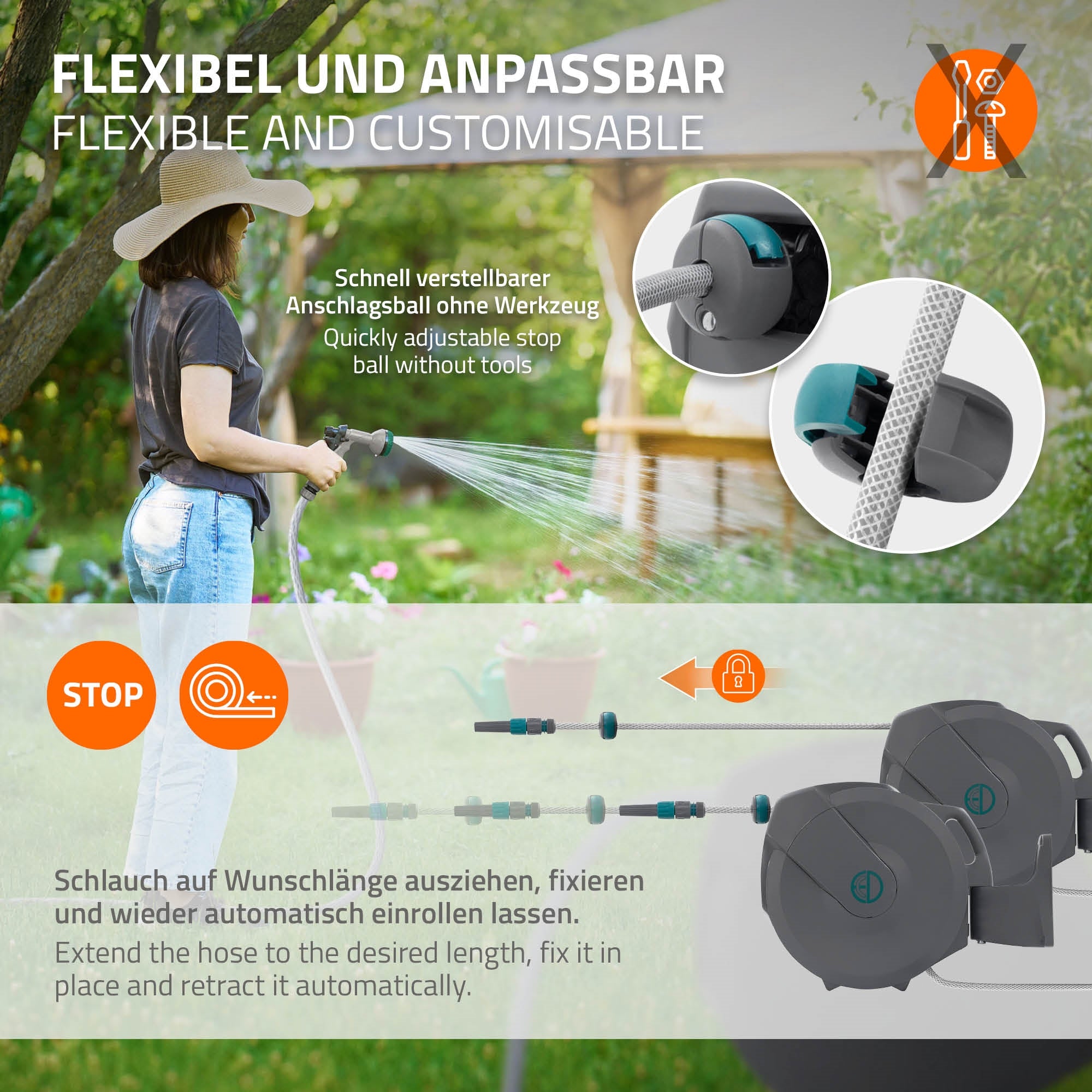 Anpassbare Gartenschlauchlösung mit Bedienungshinweisen.