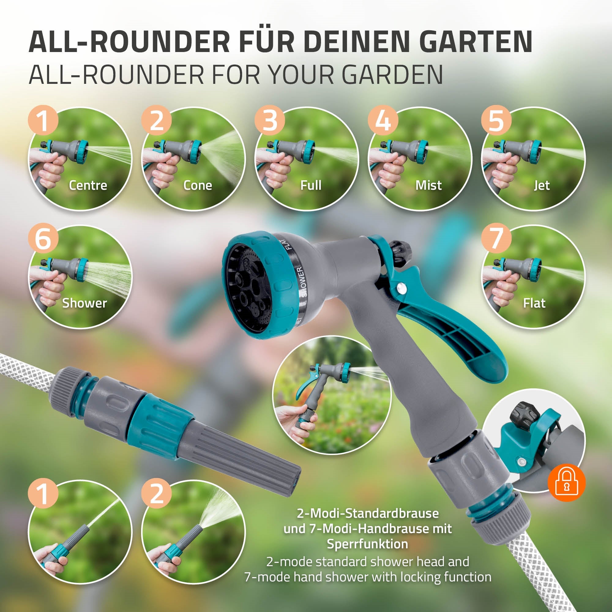 Gartenbrause mit verschiedenen Sprühfunktionen auf einem hellen Hintergrund.