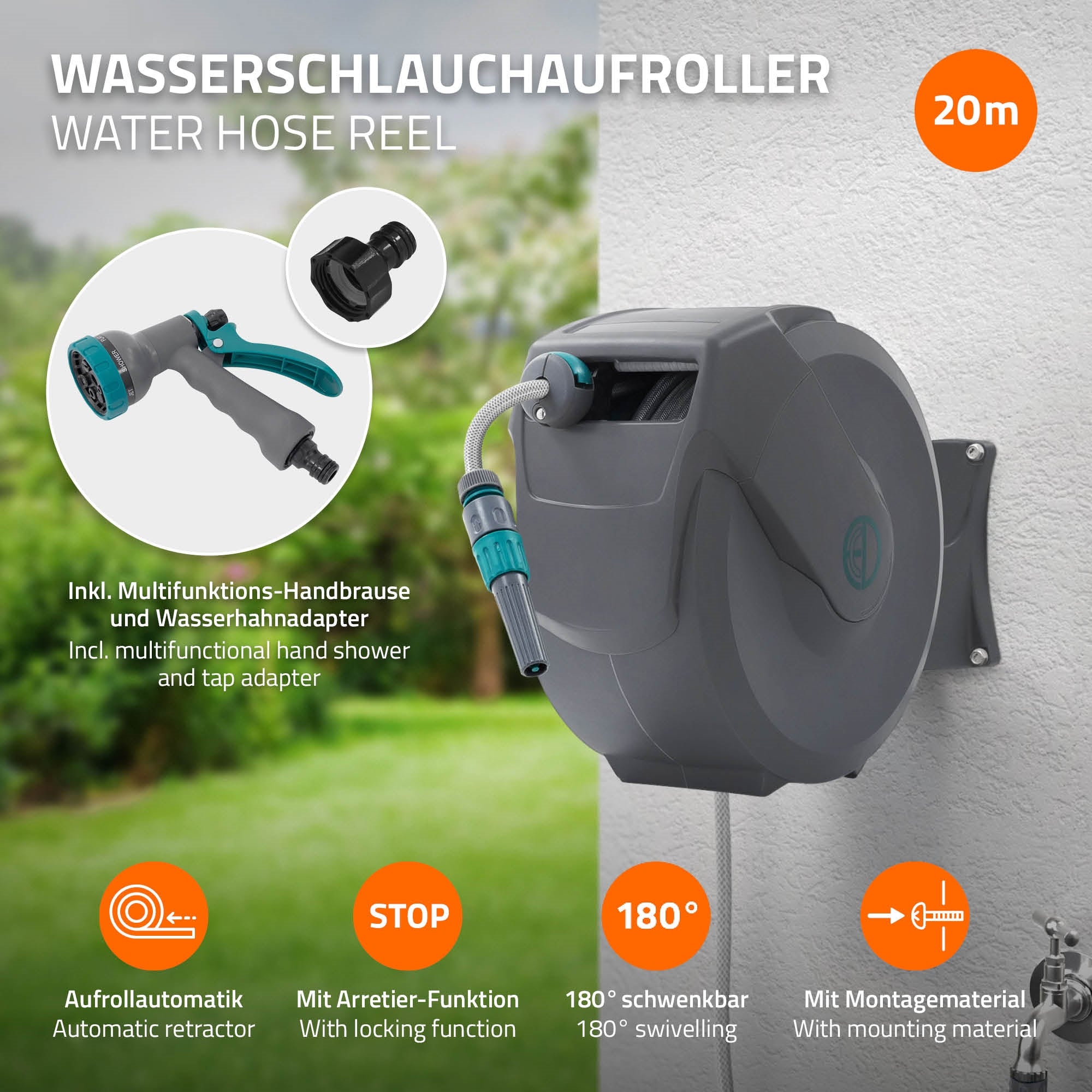 Wasserschlauchaufroller an einer Wand mit Handbrause und Wasseranschluss.