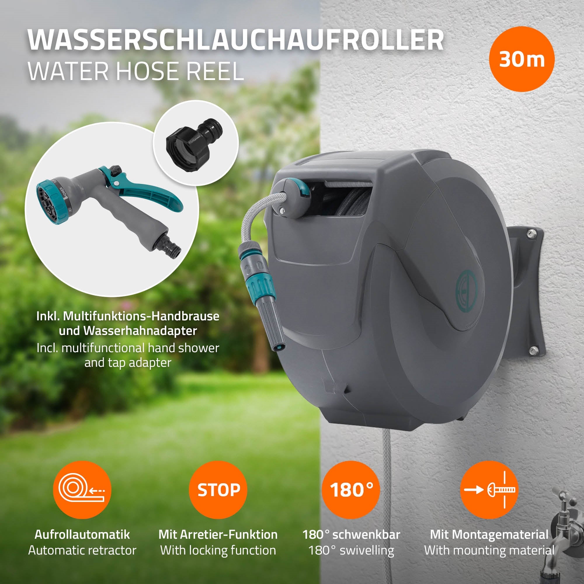 Wasserschlauchaufroller mit Multifunktions-Handbrause und Wasseranschluss.