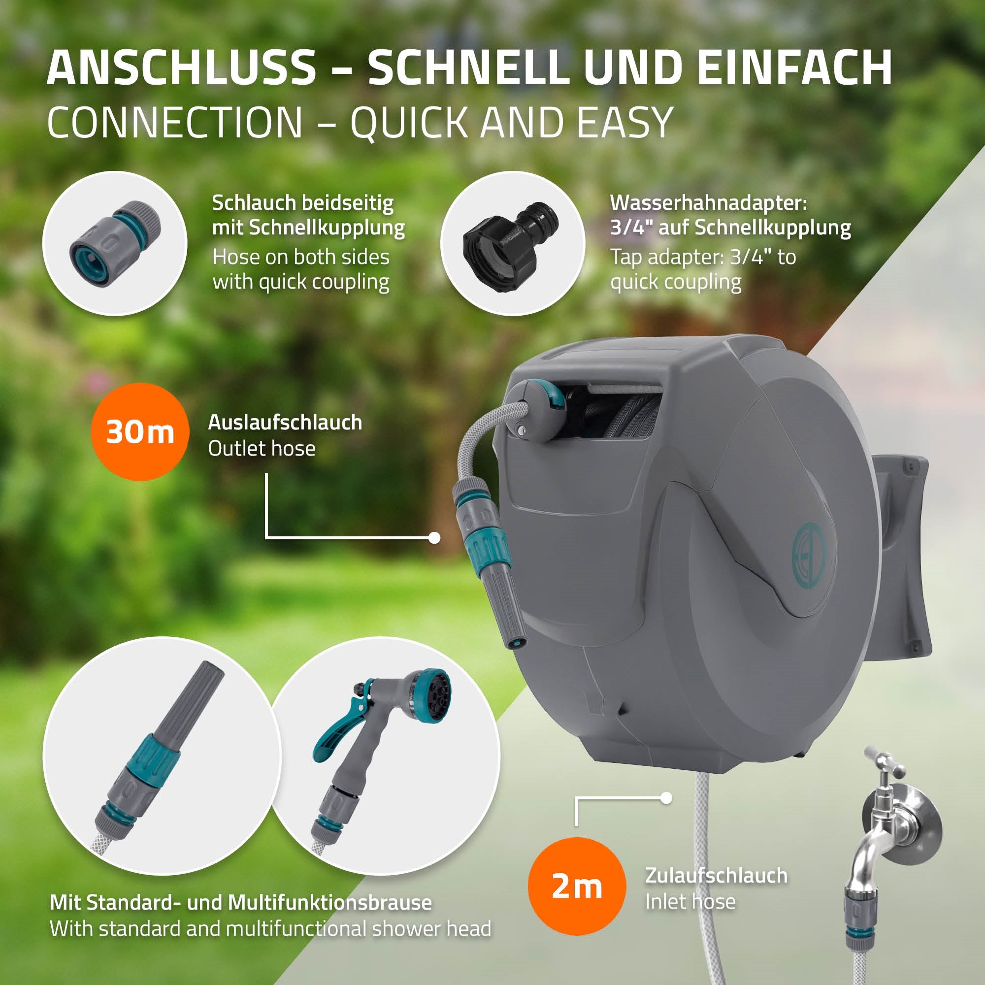 Grafik zeigt einen Schlauchaufroller mit verschiedenen Anschlüssen und einem Sprühkopf.