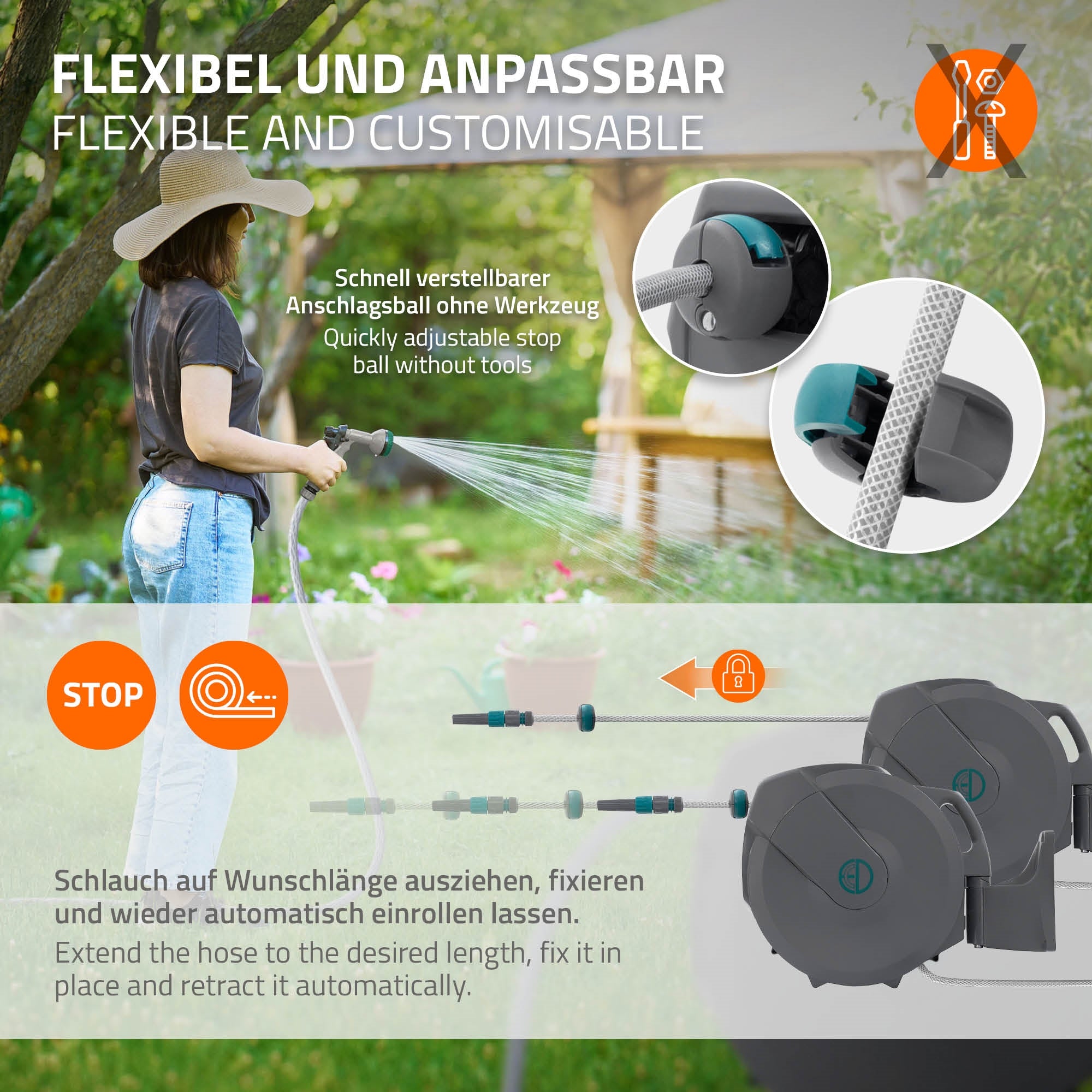 Flexible Gartenschlauchaufwicklung mit Bedienungshinweisen.