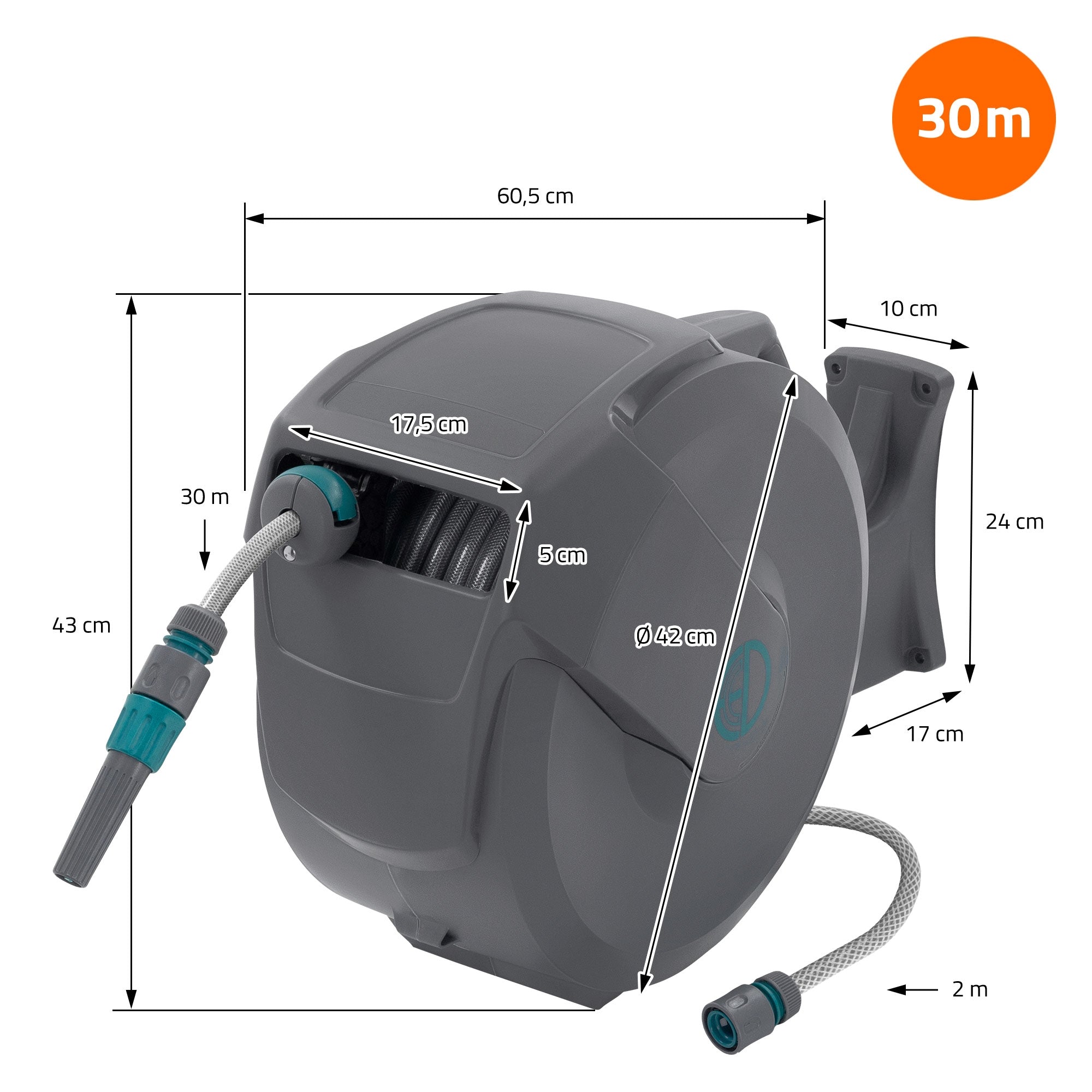 Wasserschlauchaufroller mit 30 m Schlauch, Maße und Details abgebildet.