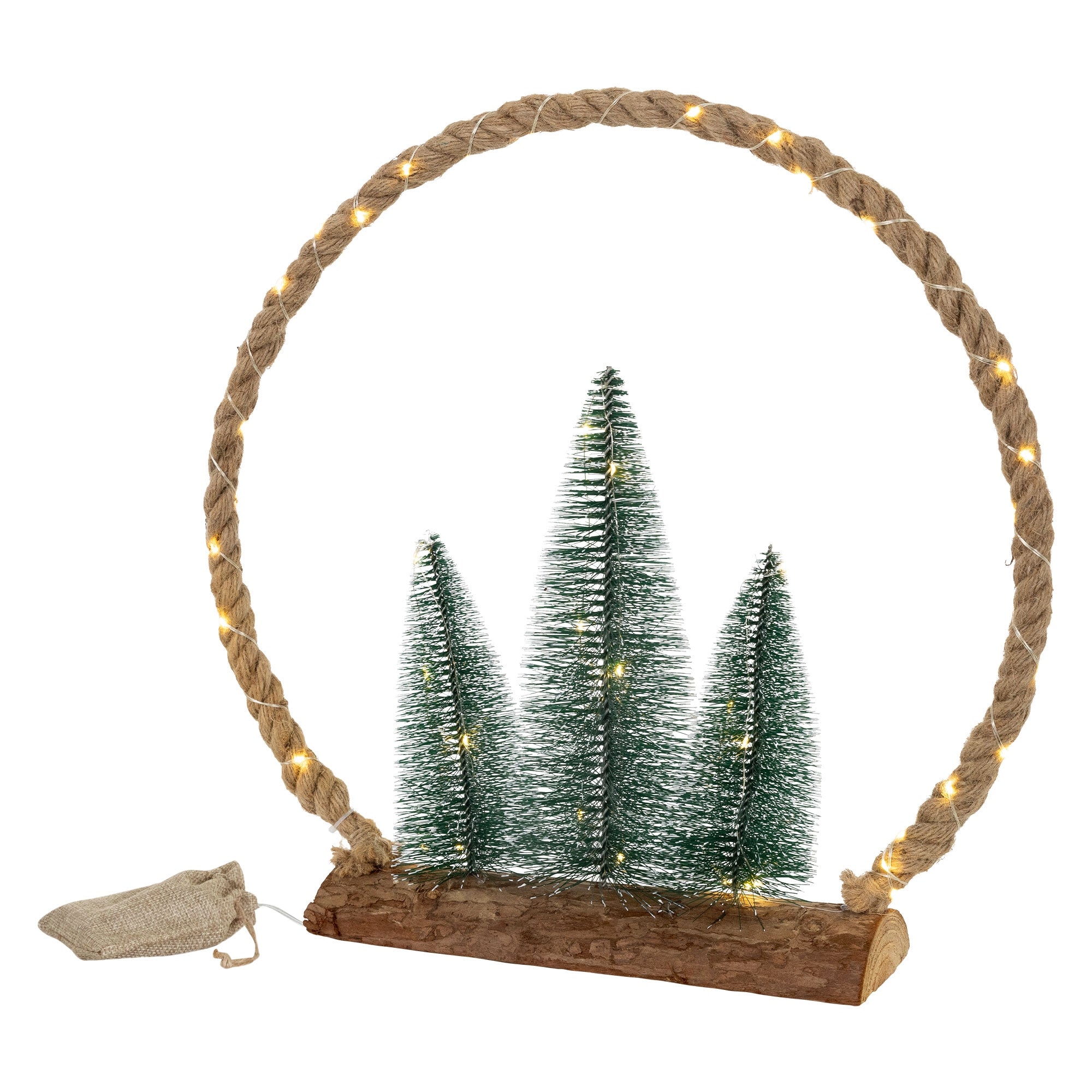 Drei grüne Weihnachtsbäume in einem Holzrahmen mit Lichtern.