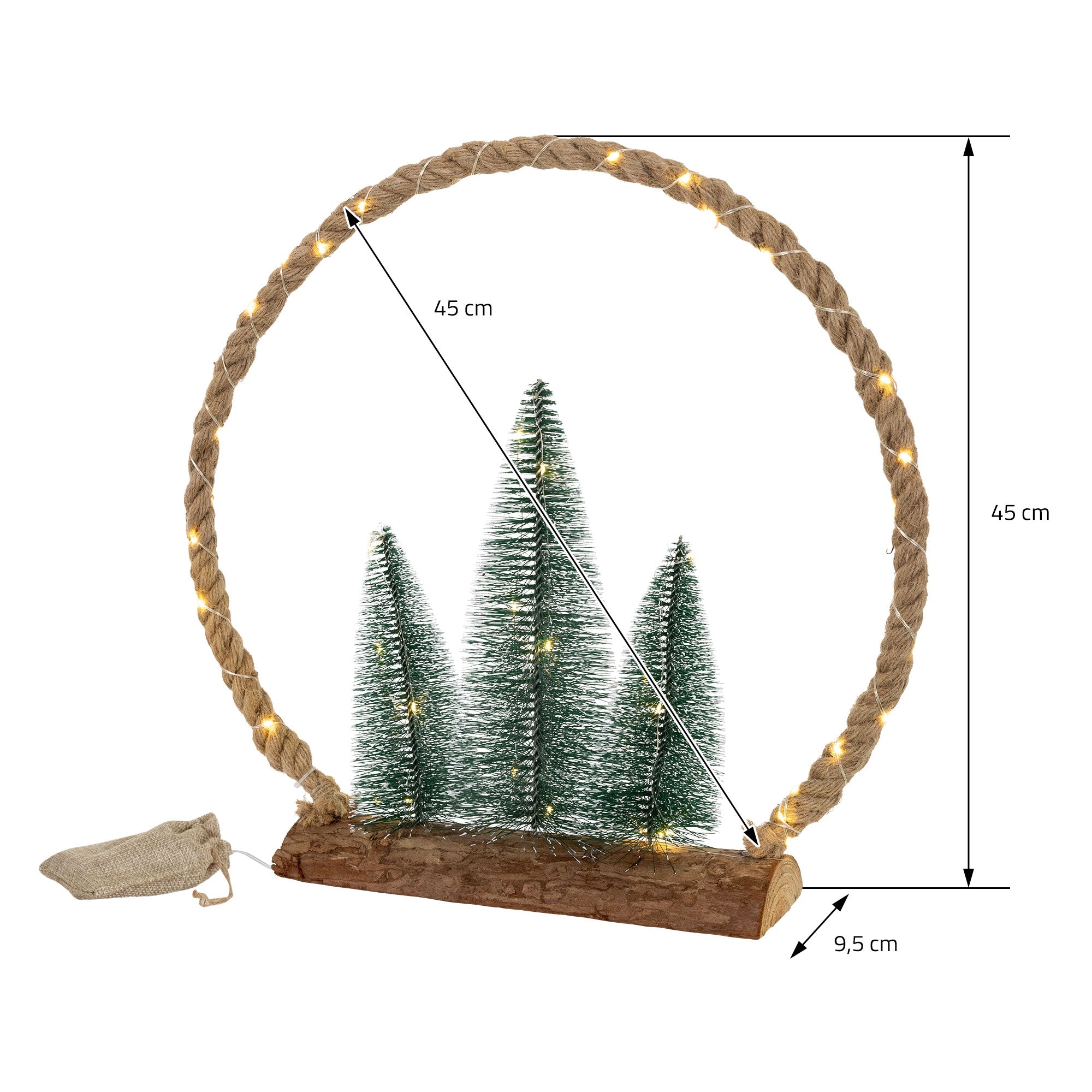 Luci decorative con alberi di Natale in un anello di corda, misure 45 cm x 45 cm.