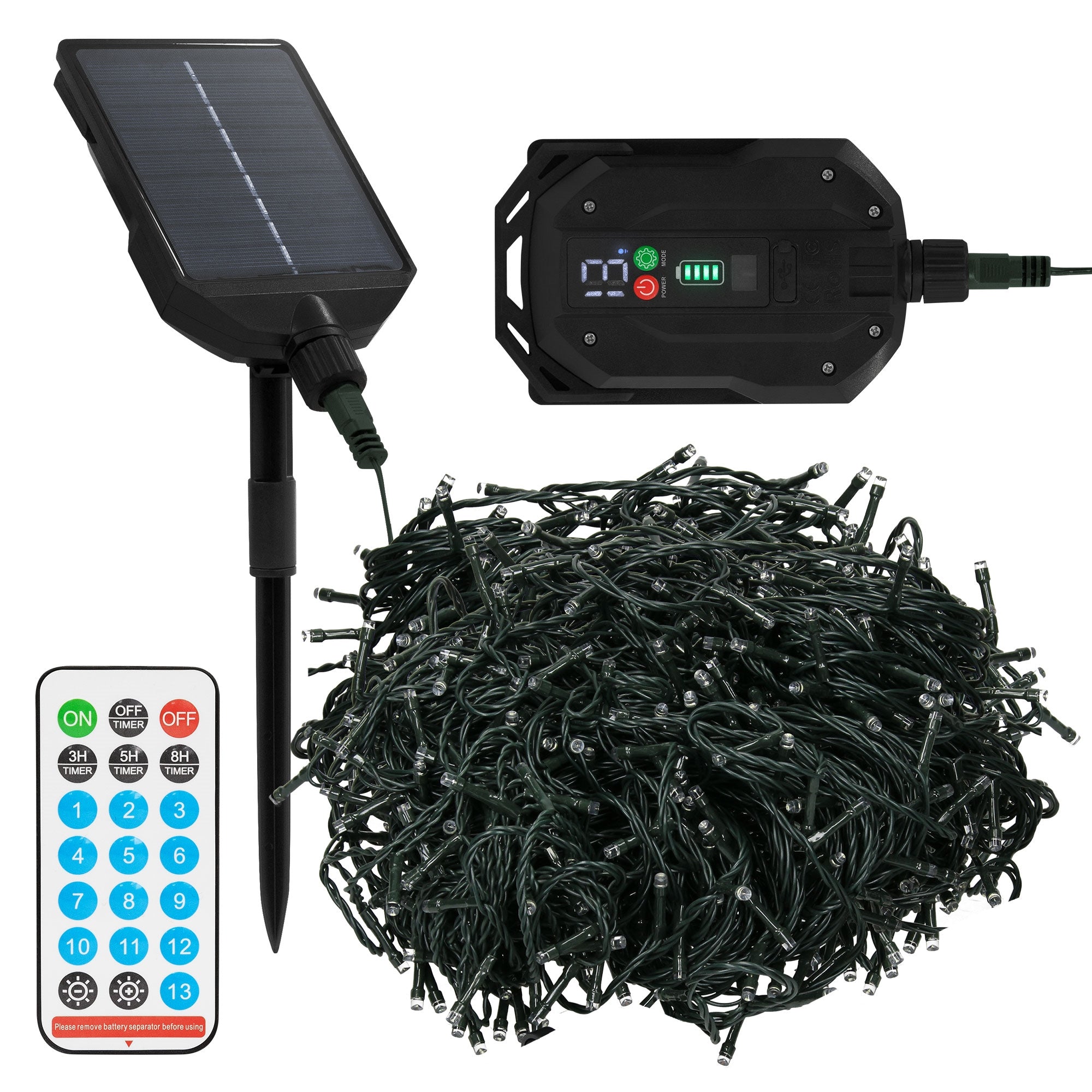 Solarmodul mit Kabel und einer Lichterkette sowie einer Fernbedienung.