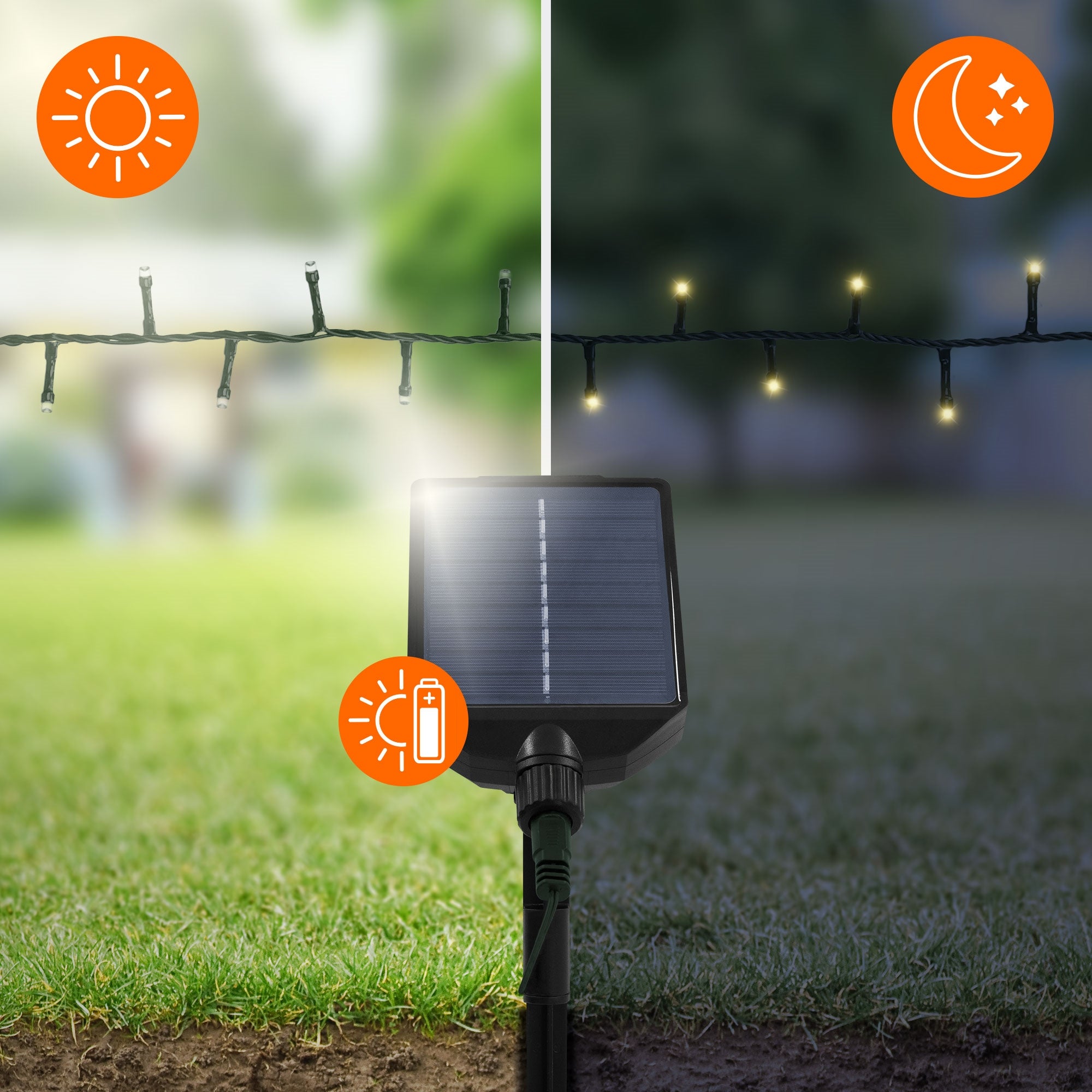 Solarpanel für Lichterkette, zeigt Tag- und Nachtmodus.