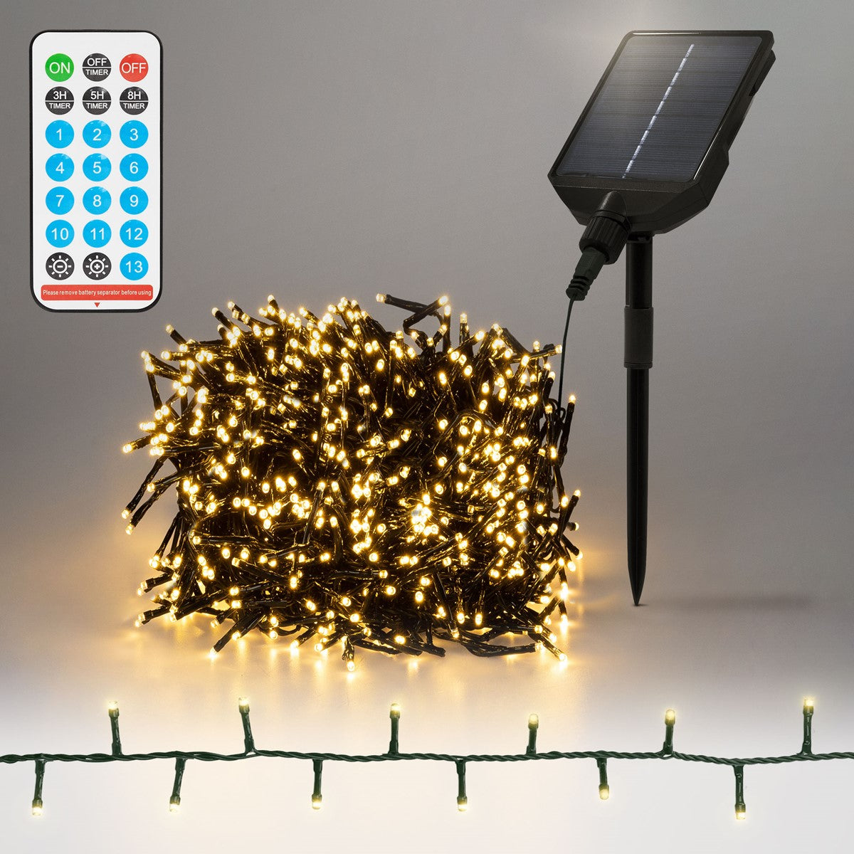 Solarbetriebene Lichterkette mit Fernbedienung, leuchtend gelbe Lichter, auf schwarzem Kabel.