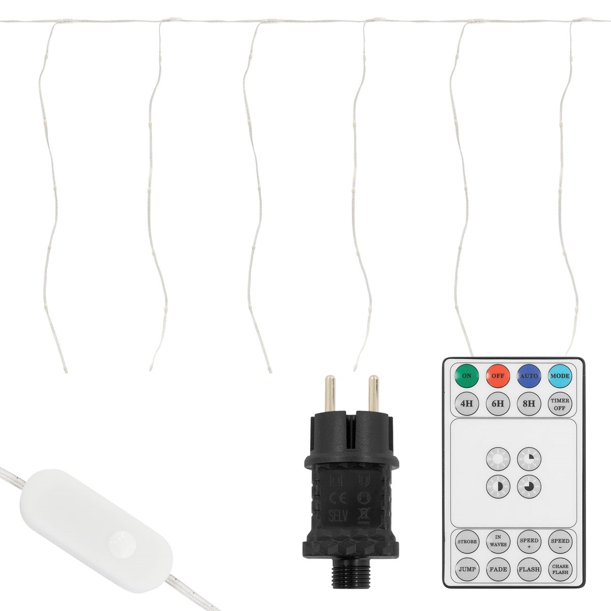Lichterkette mit Steuerung und Stecker, in verschiedenen Längen angeordnet.