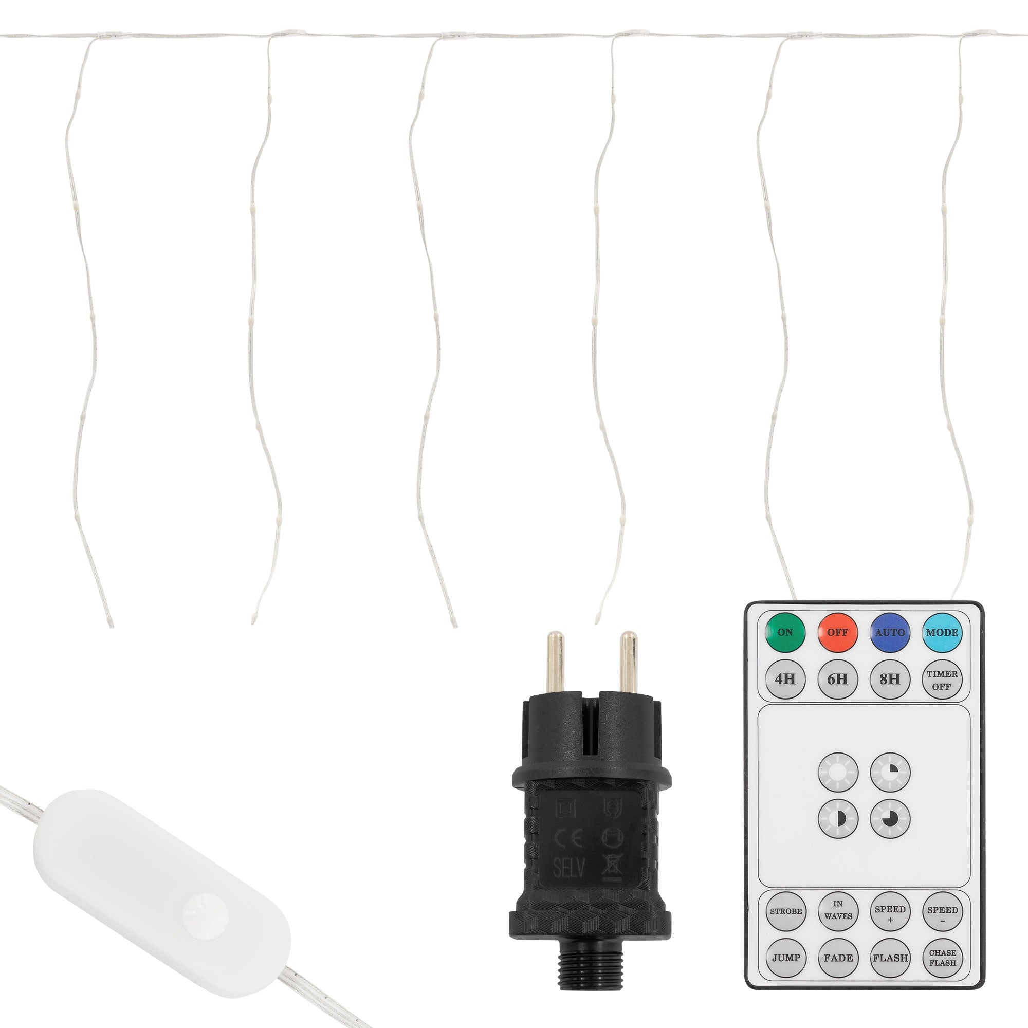 Lichterkette mit Steuerung und Stecker, in verschiedenen Längen angeordnet.