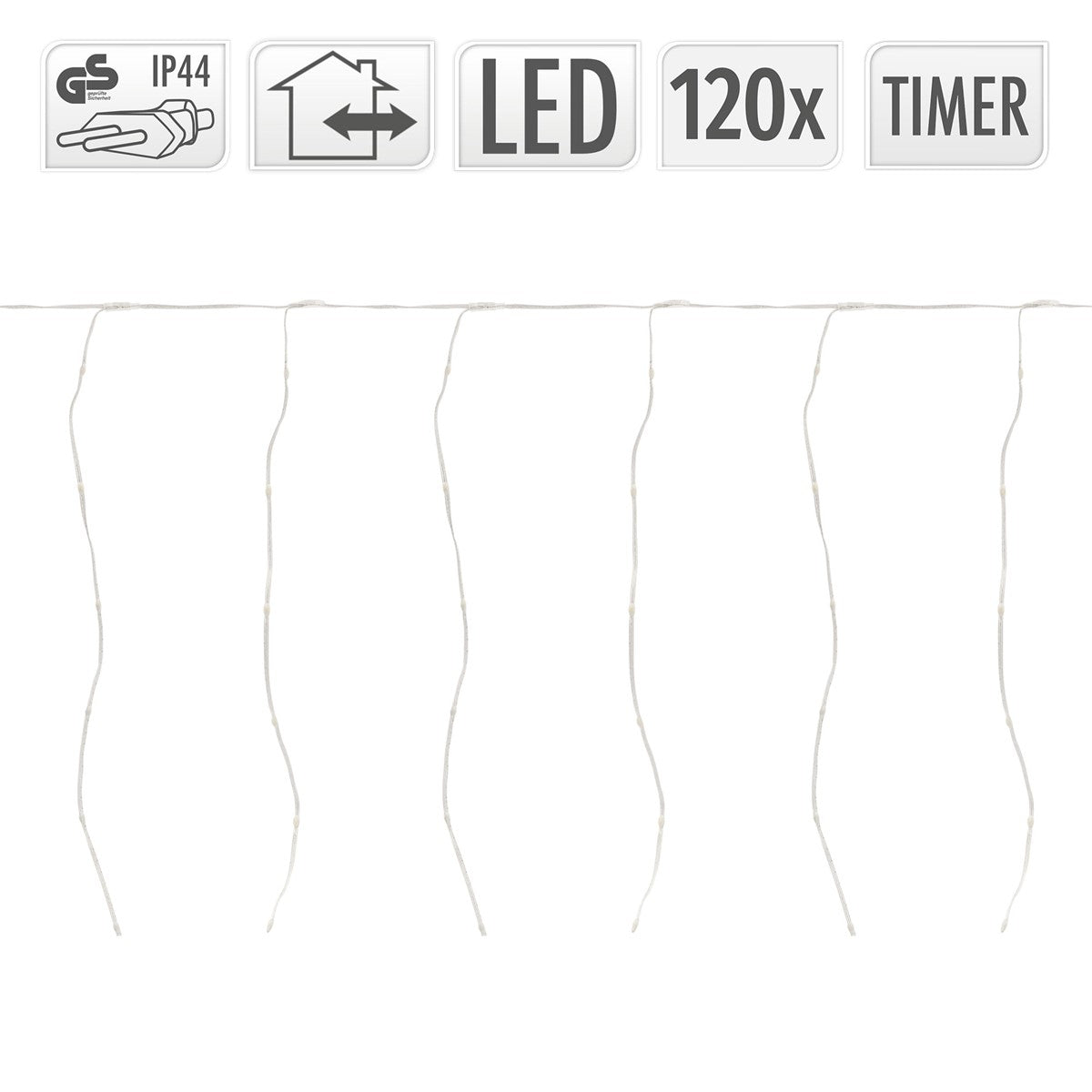 LED-Lichterkette mit 120 Lichtern, IP44, ohne Timer, in gewellter Anordnung.