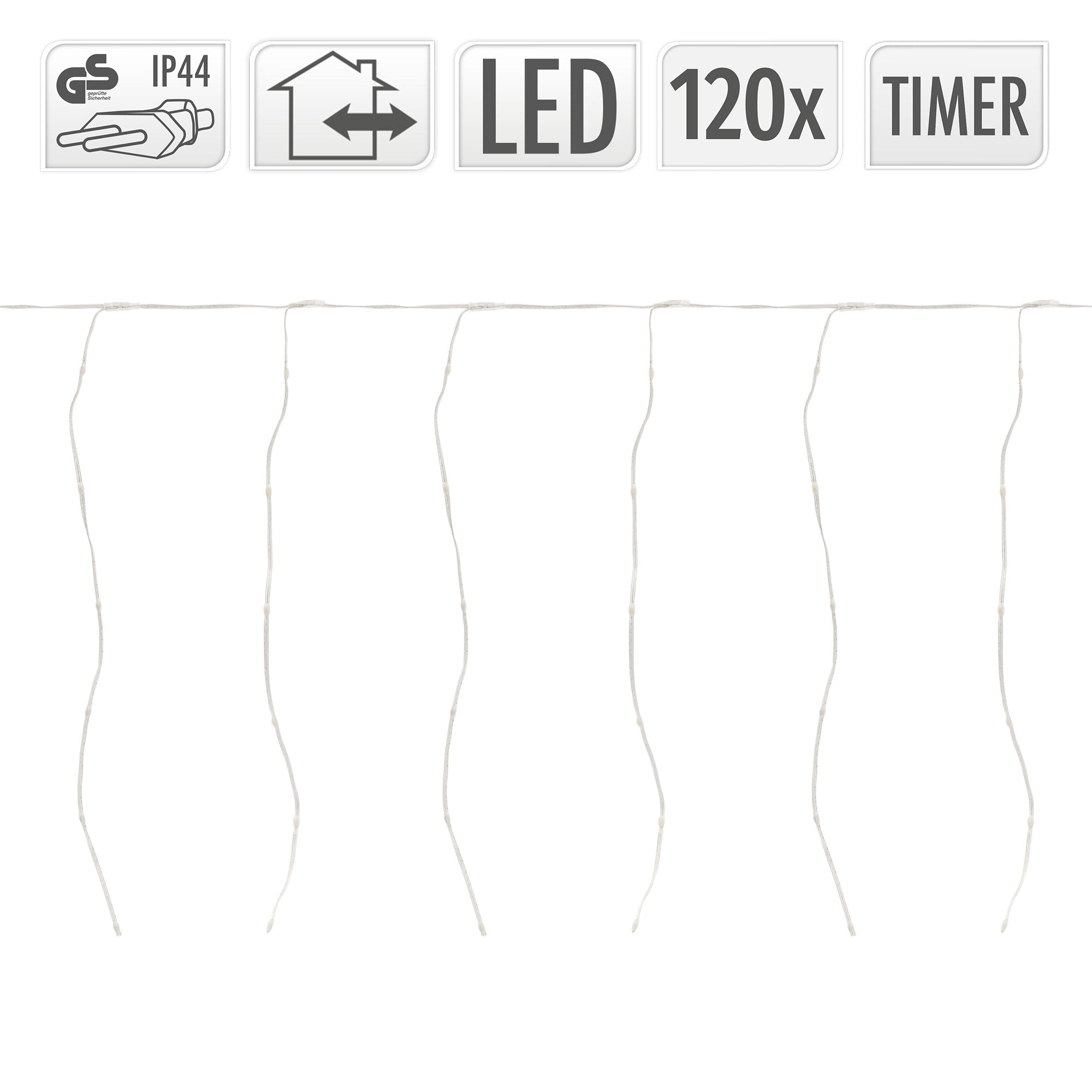 LED-Lichterkette mit 120 Lichtern, IP44, ohne Timer, in gewellter Anordnung.