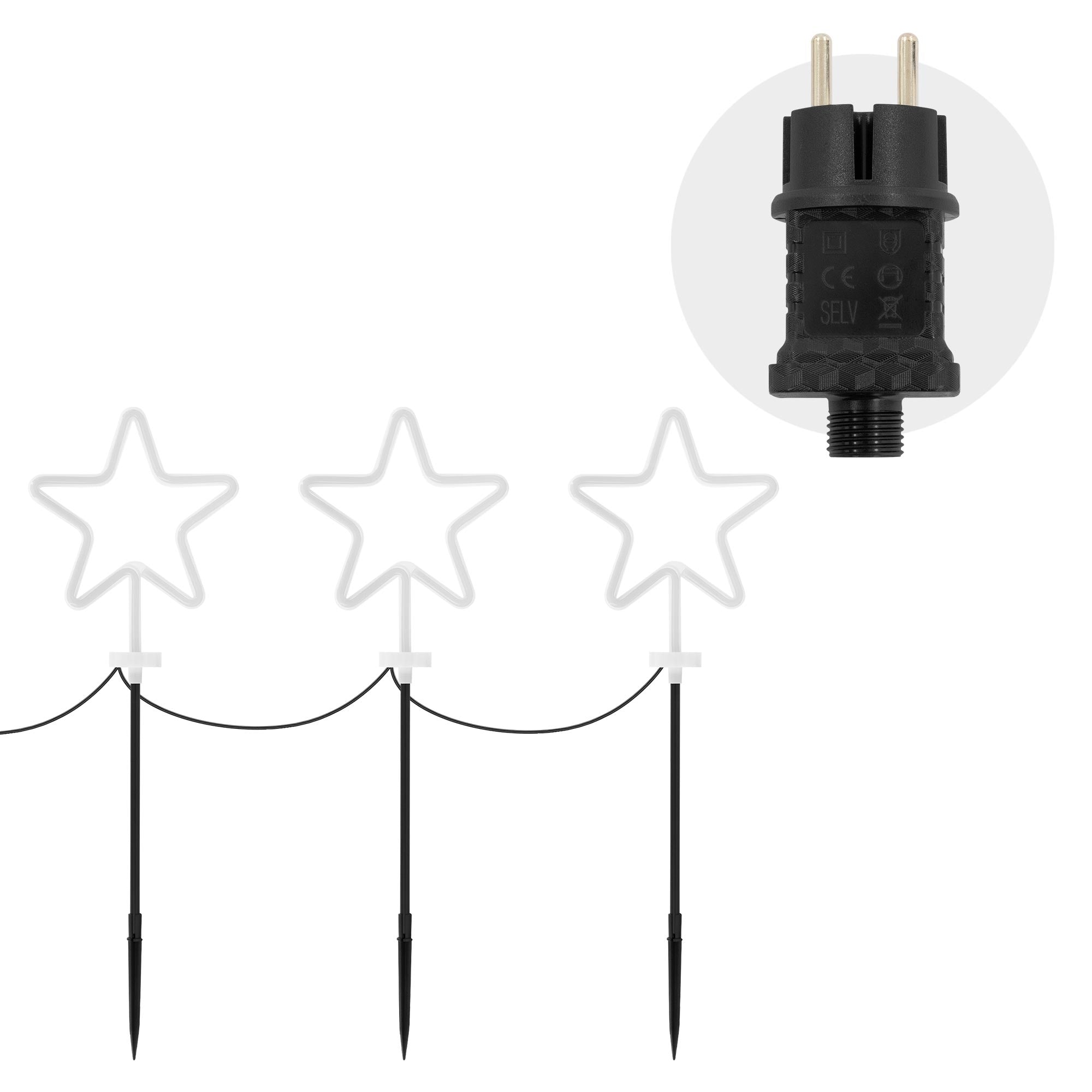 Ein schwarzer Stecker für eine Lichterkette mit drei Sternen und Erdspießen.