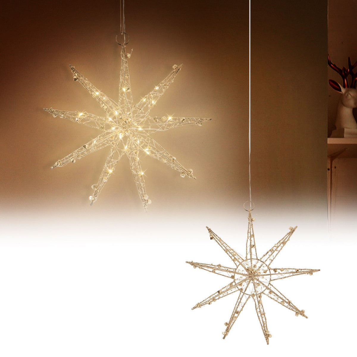 Leuchtender Weihnachtsstern aus transparentem Material, hängend.