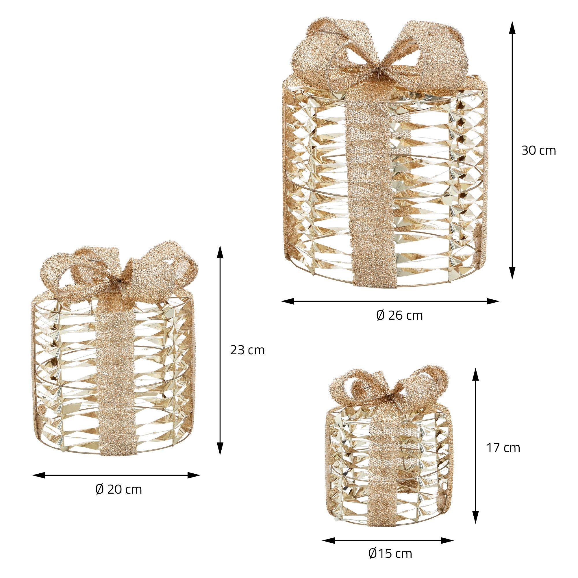 Drei dekorative Geschenkkörbe in Gold mit unterschiedlichen Größen und Maßen.