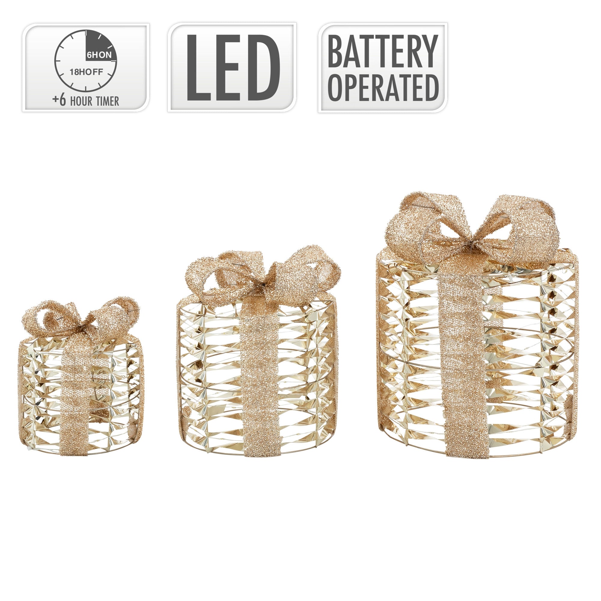 Drei dekorative Geschenkkörbe in Gold mit Schleifen, LED und Batteriebetrieb.