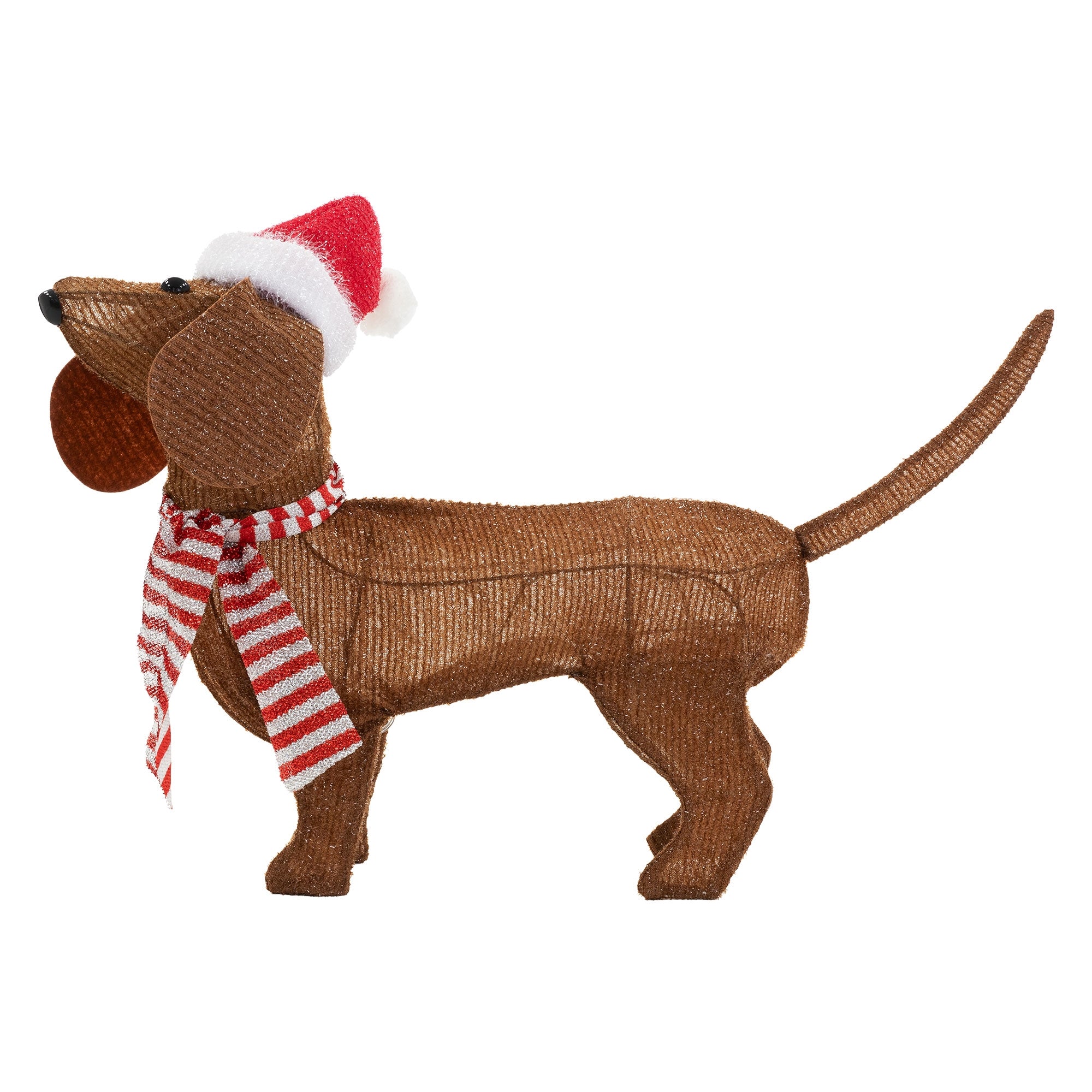 Deko-Hund aus Draht mit Weihnachtsmütze und Schal, seitliche Ansicht.