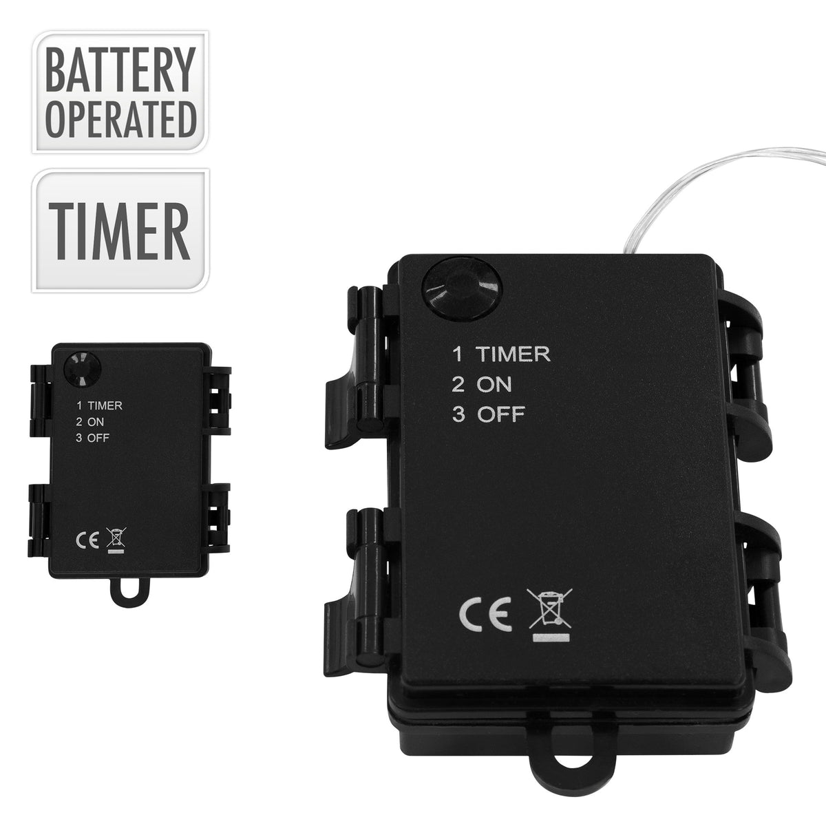 Batteriebox mit Schaltern für Timer und Betriebsmodus.