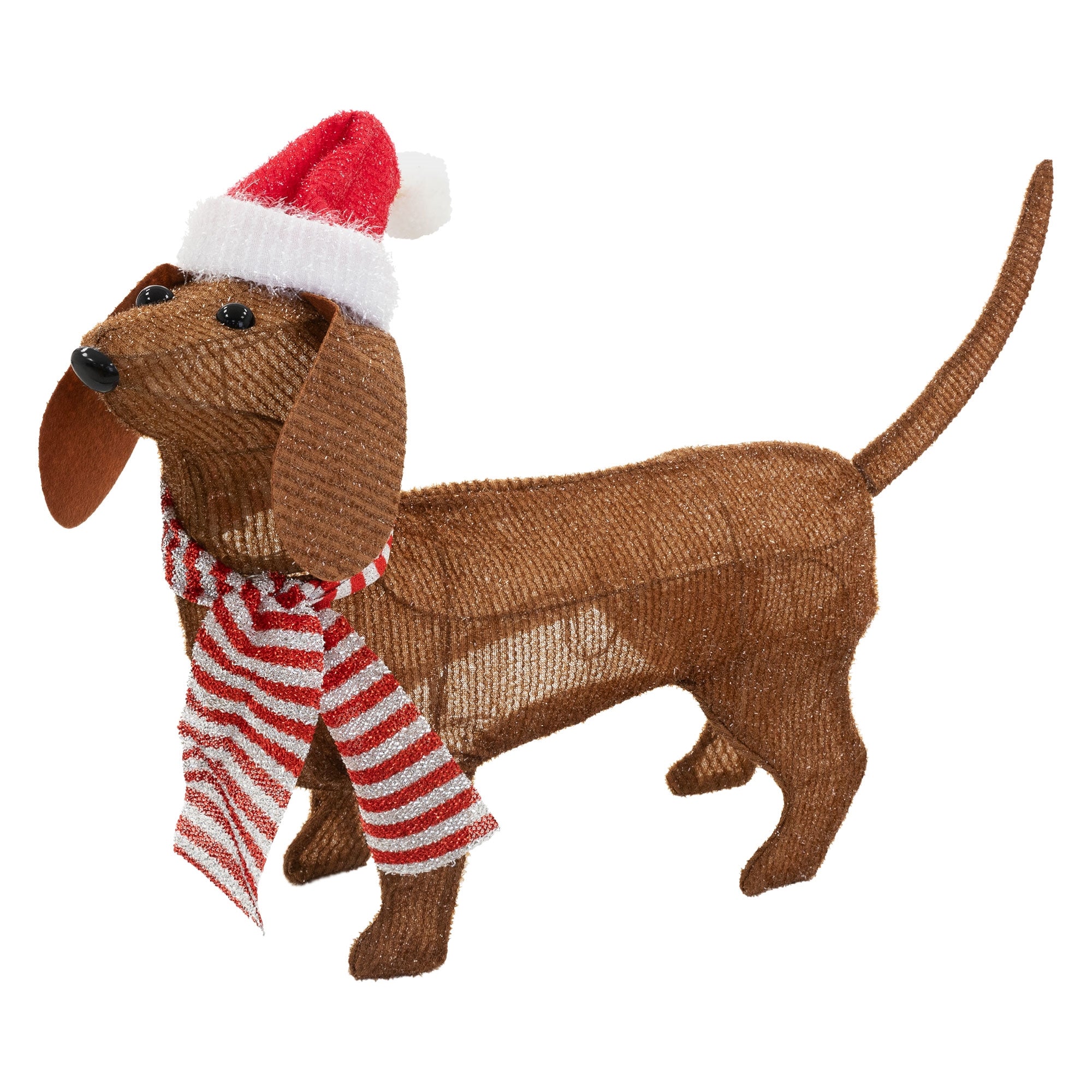 Brauner Hund aus Draht mit Weihnachtsmütze und gestreiftem Schal.