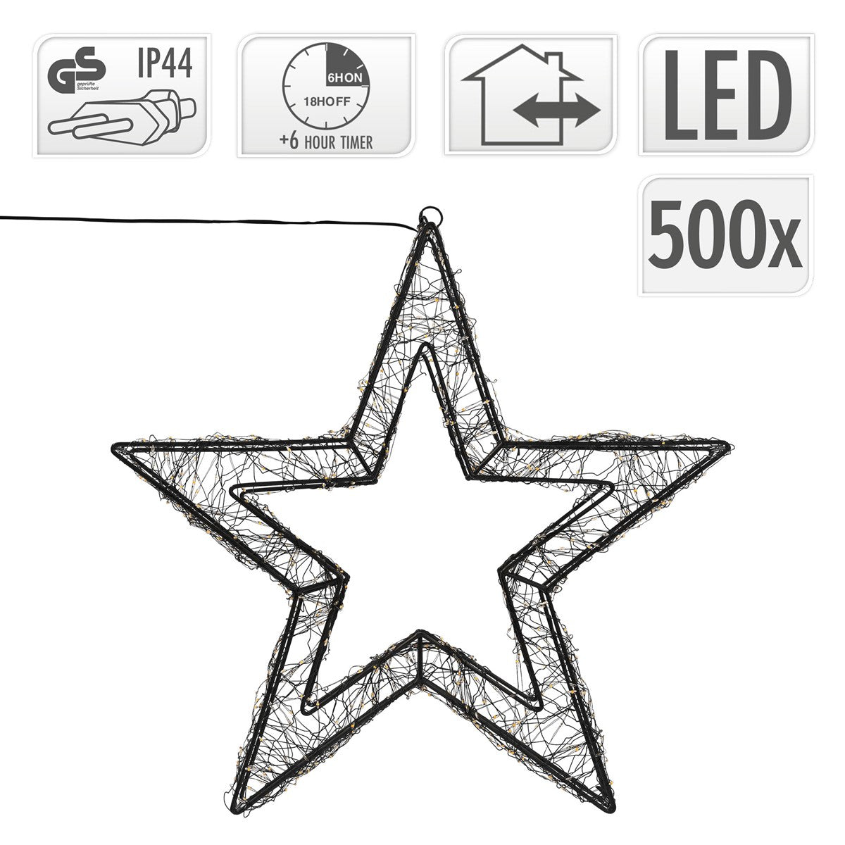 Schwarzer, drahtgefertigter Stern mit LED-Beleuchtung und Timer-Funktion.