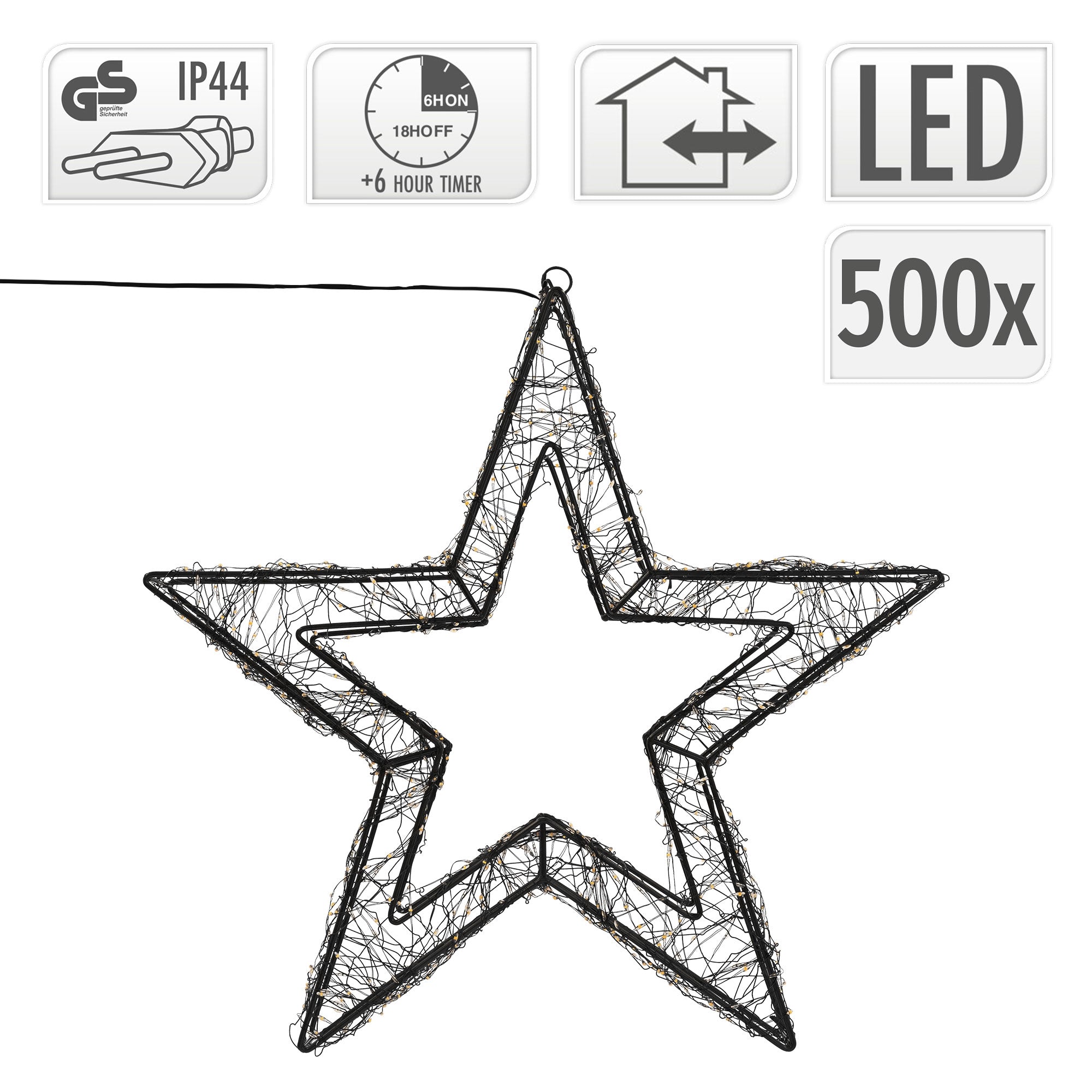 Schwarzer, drahtgefertigter Stern mit LED-Beleuchtung und Timer-Funktion.