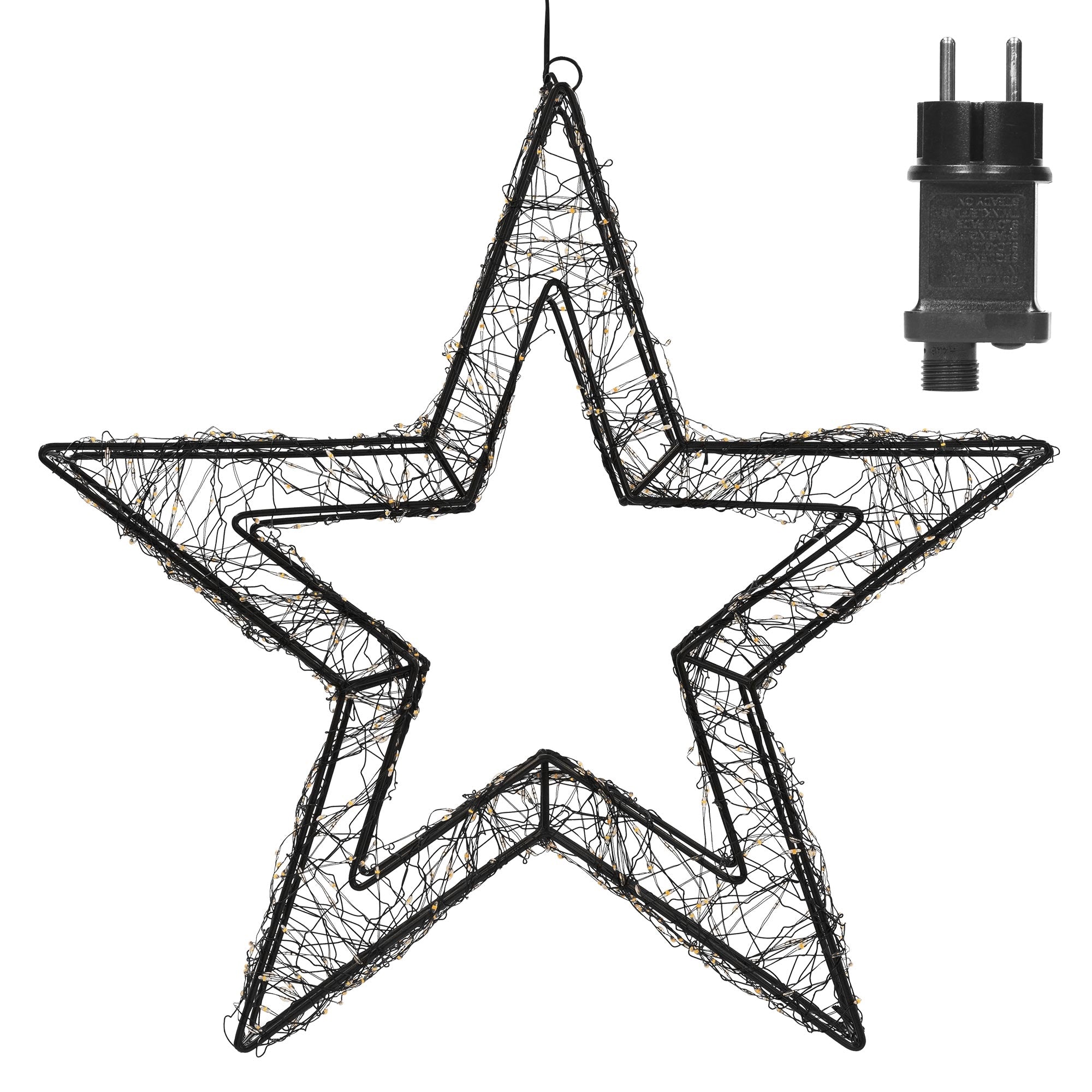 Étoile noire lumineuse en fil avec des lumières transparentes et une prise.
