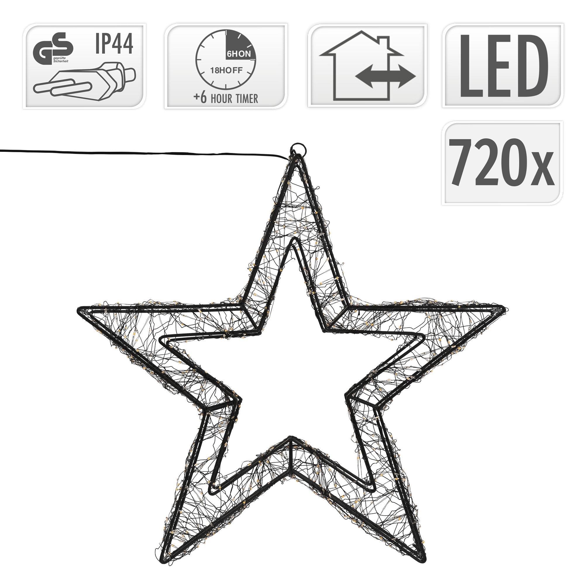 Gros plan d'une étoile LED avec des informations techniques et des dimensions.