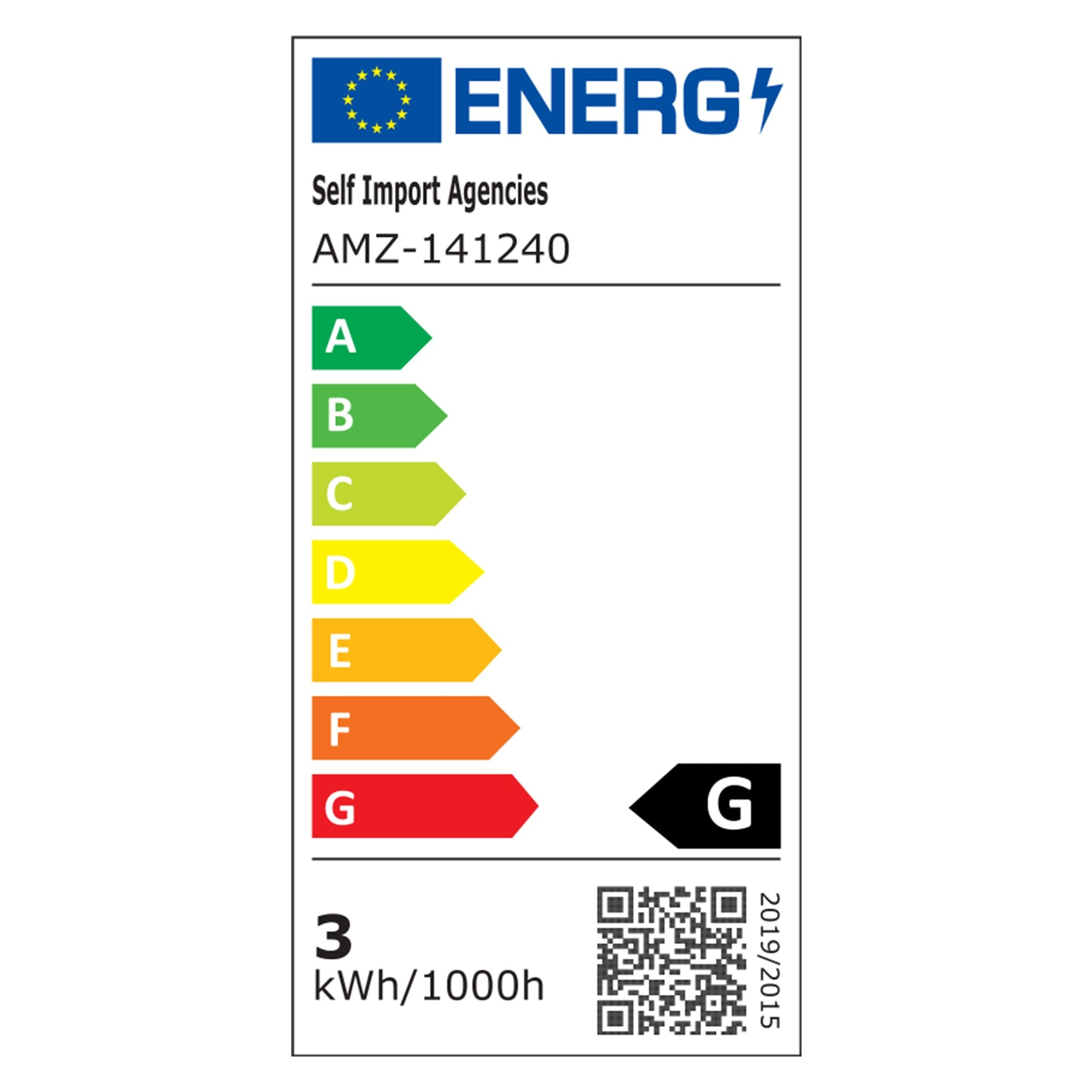 Una etiqueta de energía con diferentes clases de eficiencia y un código QR.
