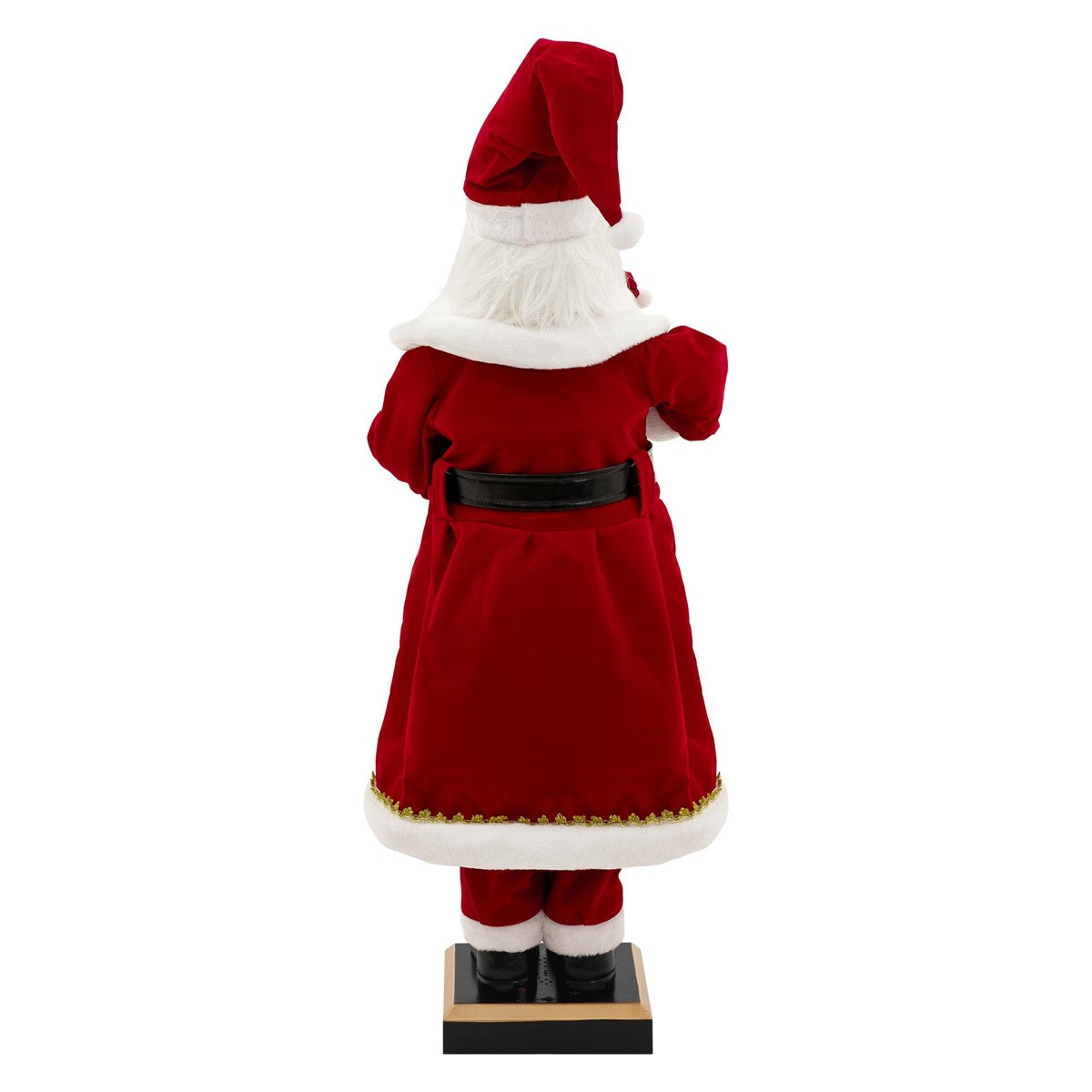 Vista posteriore di un Babbo Natale vestito di rosso con la barba bianca.