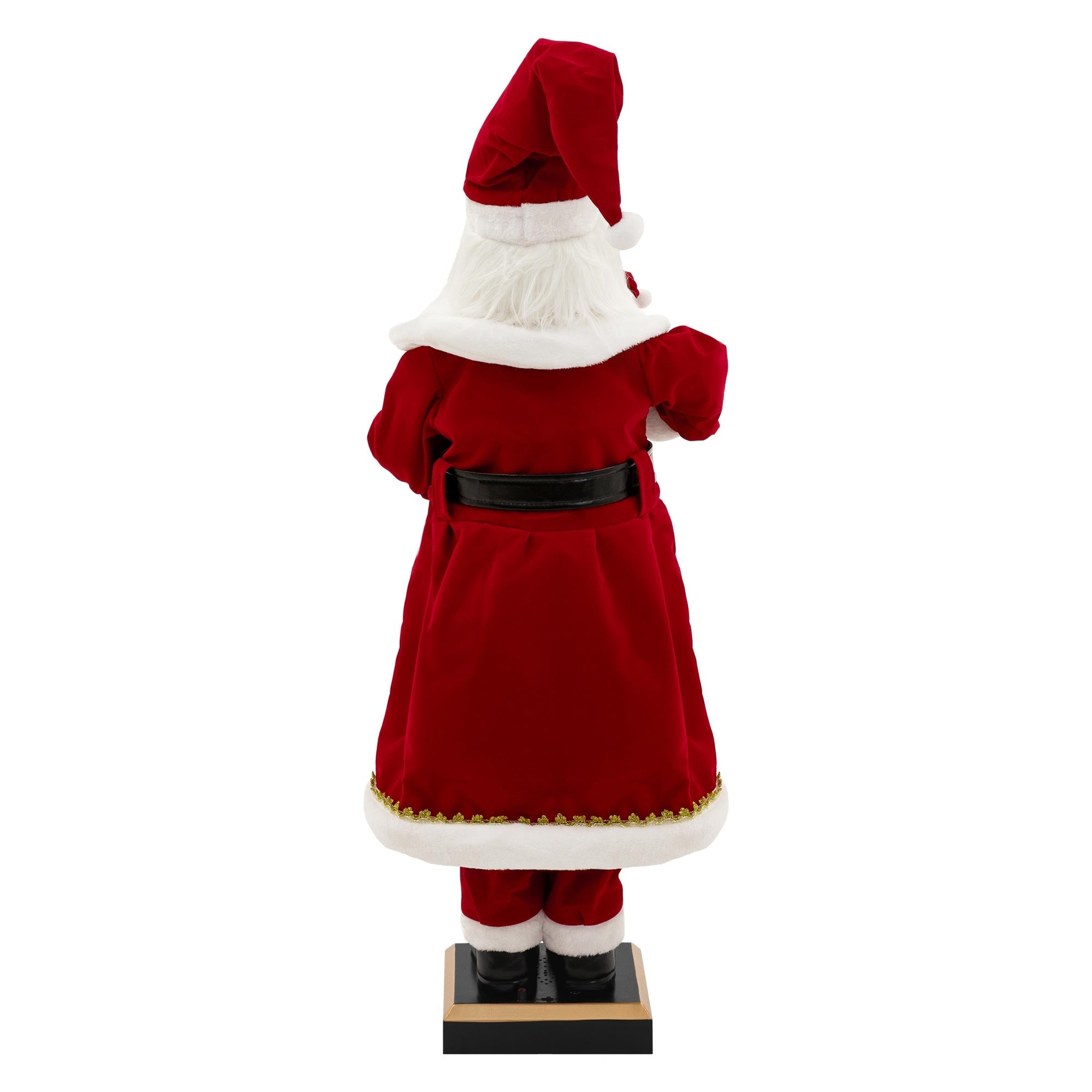 Rückansicht eines Weihnachtsmanns in rotem Gewand mit weißem Bart.