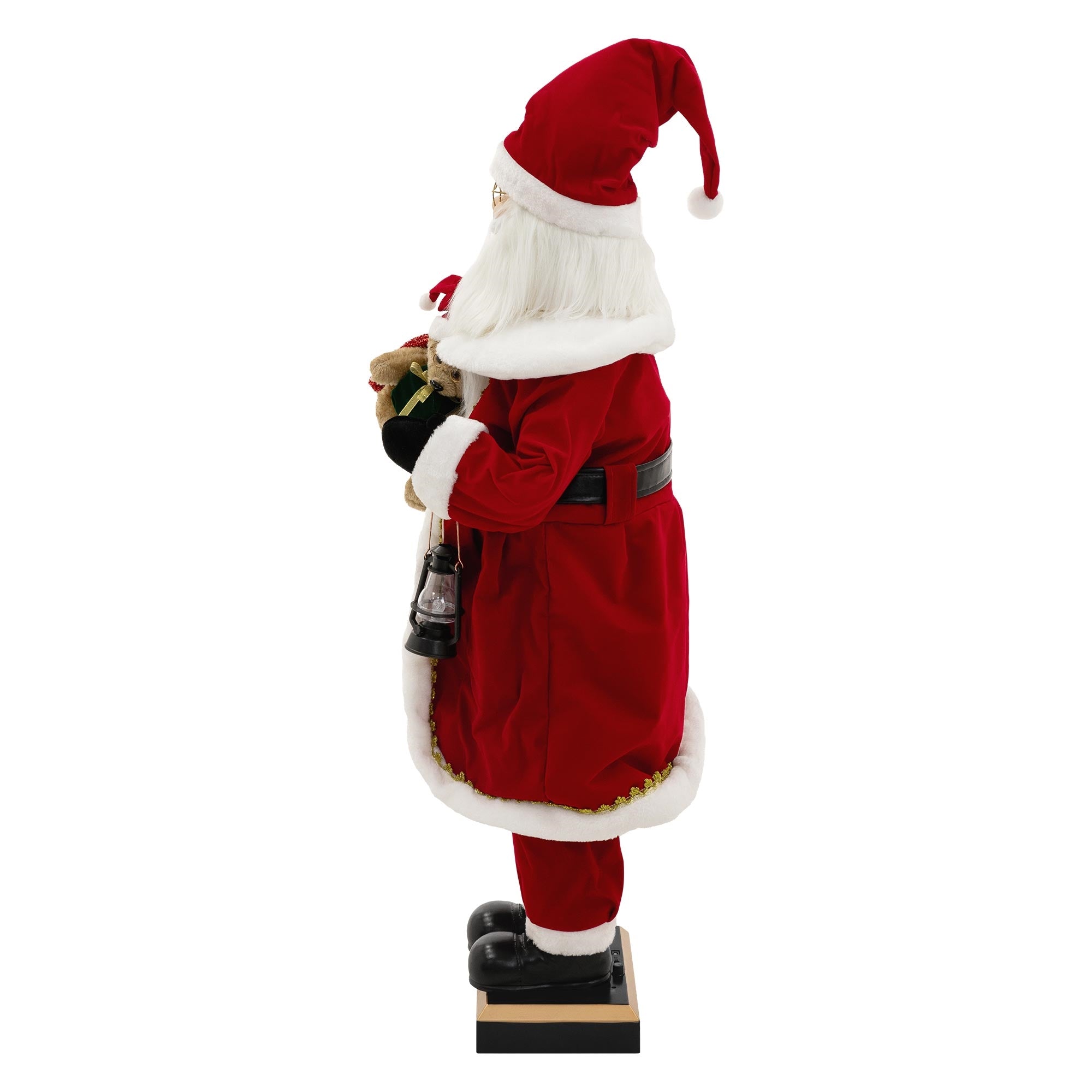 Eine Weihnachtsmannfigur in rotem Anzug mit Geschenken in der Hand.