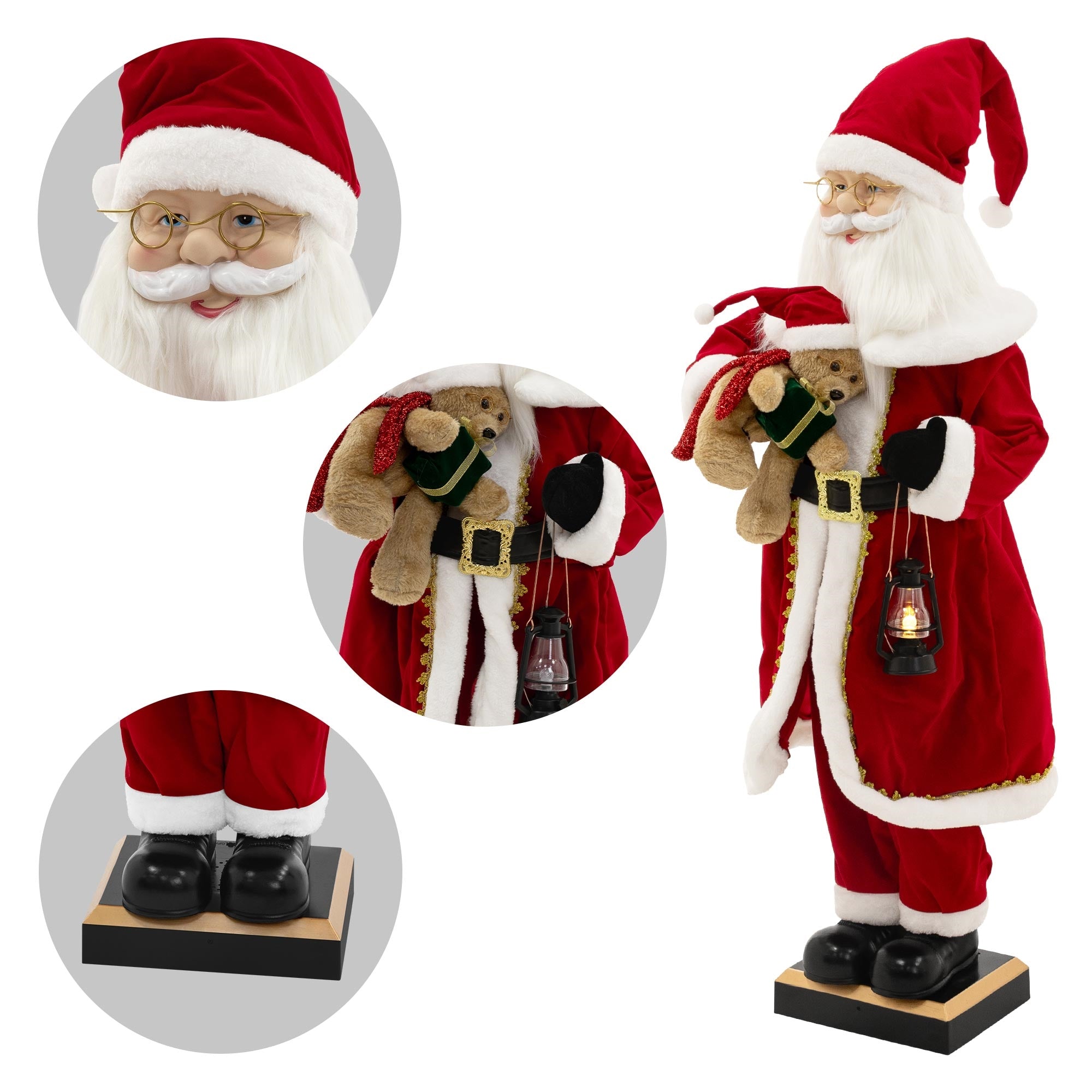 Detailaufnahme einer Weihnachtsmannfigur mit Brille und rotem Mantel, die ein Stofftier hält.