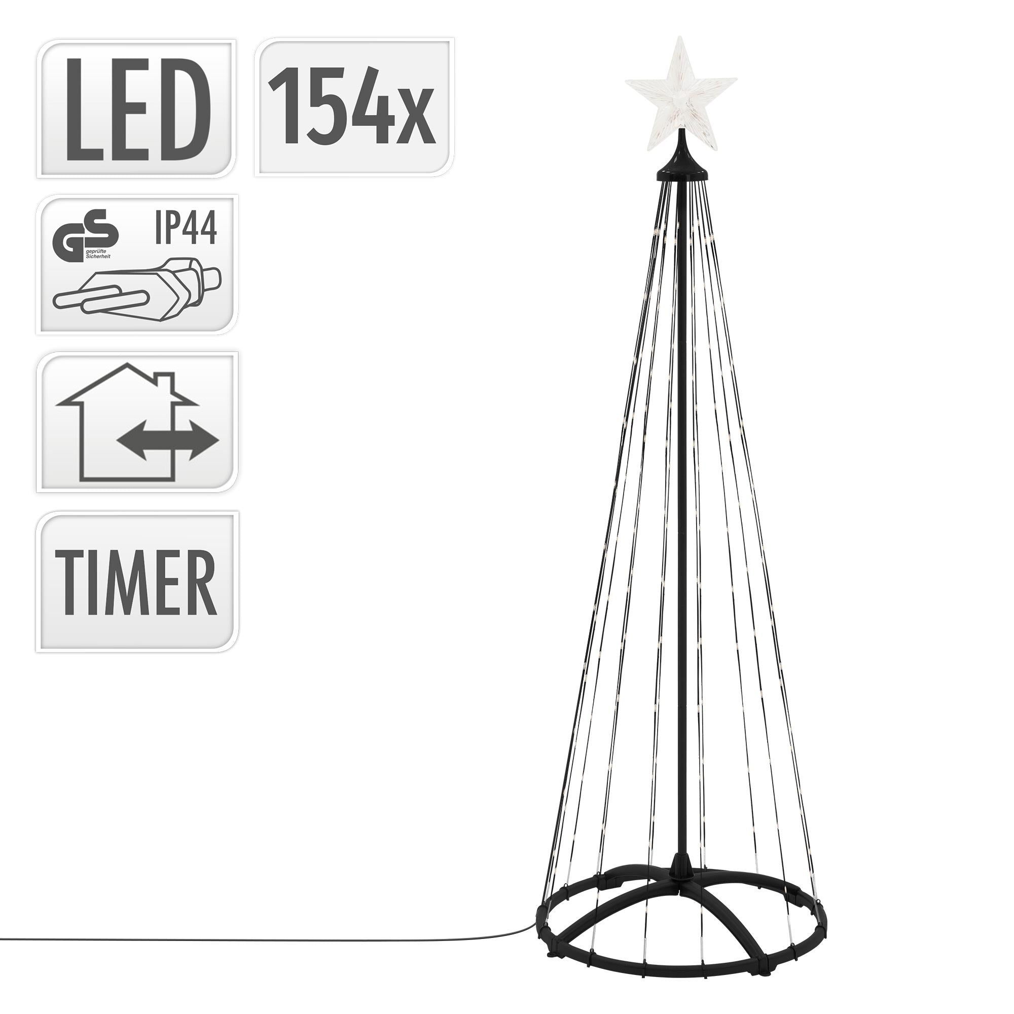 Technische Details zu einem LED-Weihnachtsbaum mit Timer und IP44 Schutz.