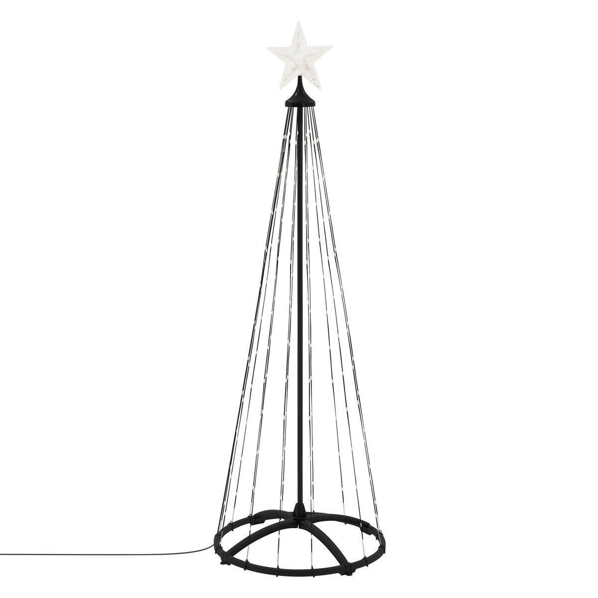 Schwarz-weißer Weihnachtsbaum mit Stern an der Spitze.