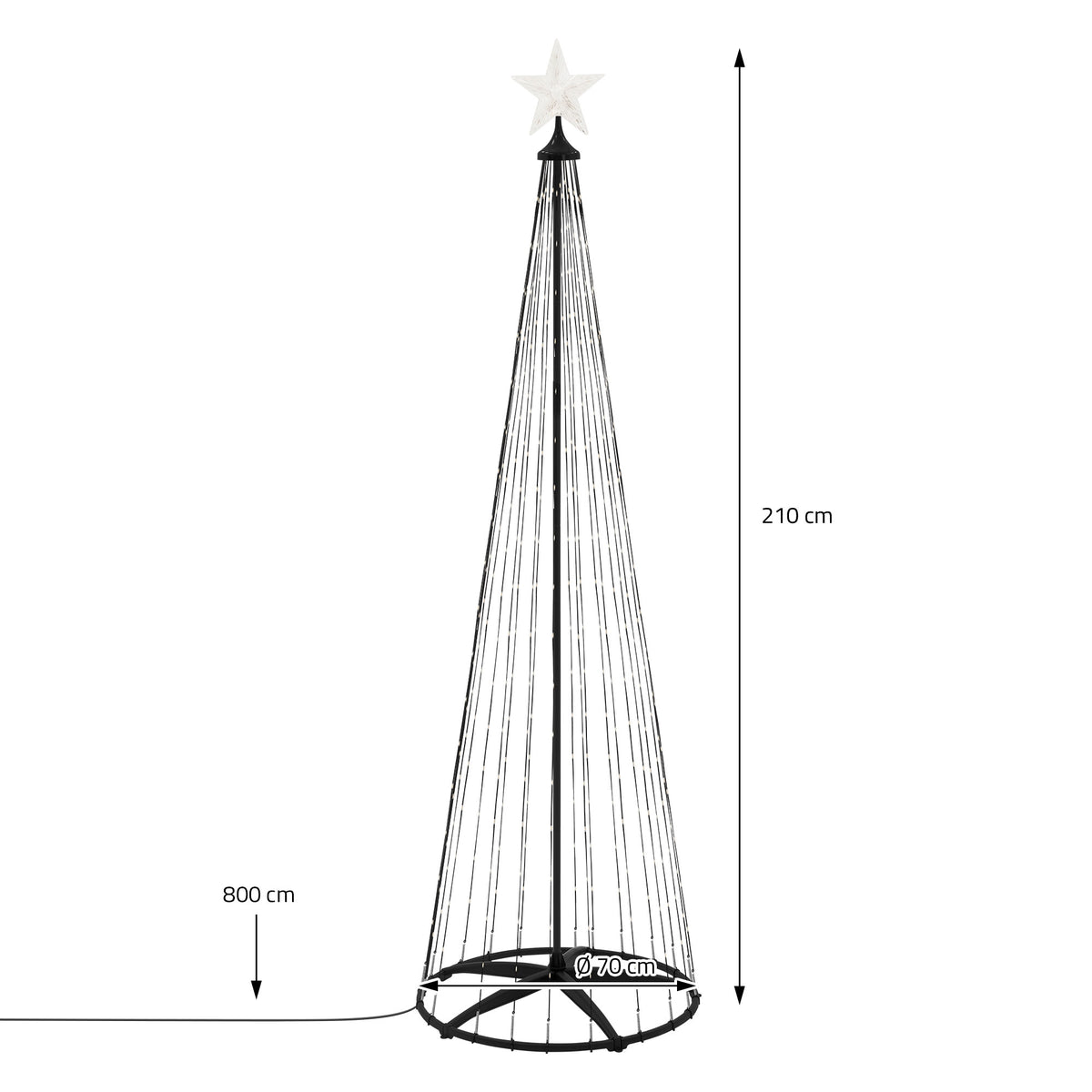 Weihnachtsbaum aus Lichtern mit Stern, Höhe 210 cm, Durchmesser 70 cm.