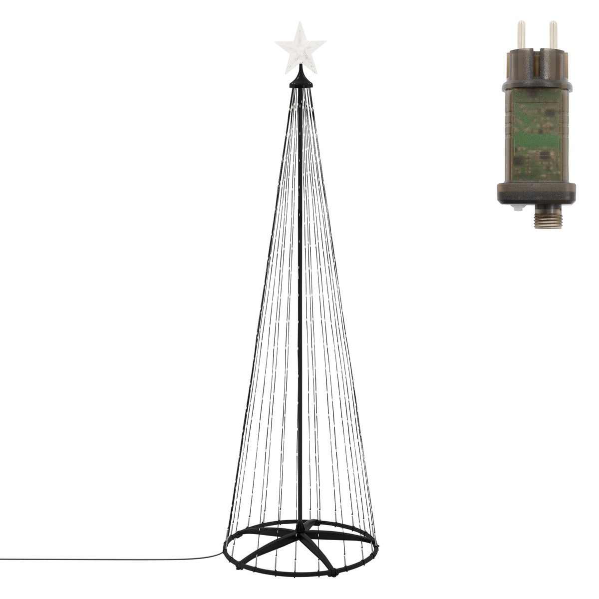 Schwarz-weißer Weihnachtsbaum mit Stern an der Spitze und Lichtern.