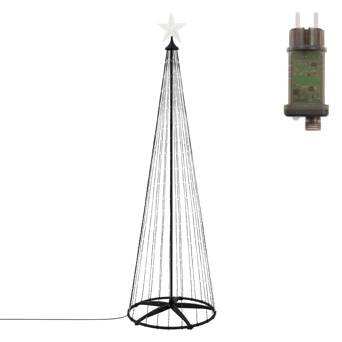 Schwarz-weißer Weihnachtsbaum mit Stern an der Spitze und Lichtern.