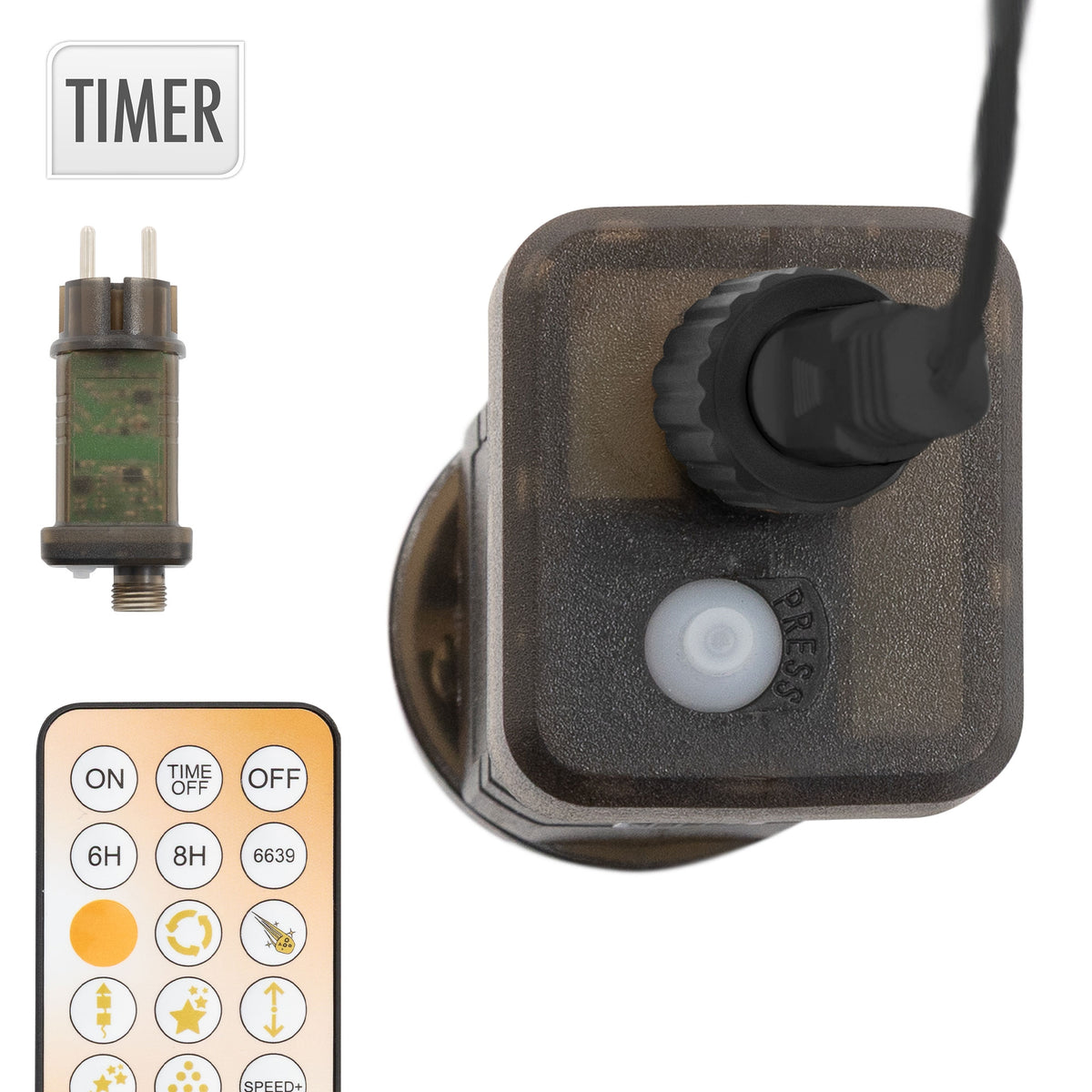 Braunes Netzteil mit Druckknopf und Kabel, Timer-Funktion sichtbar.